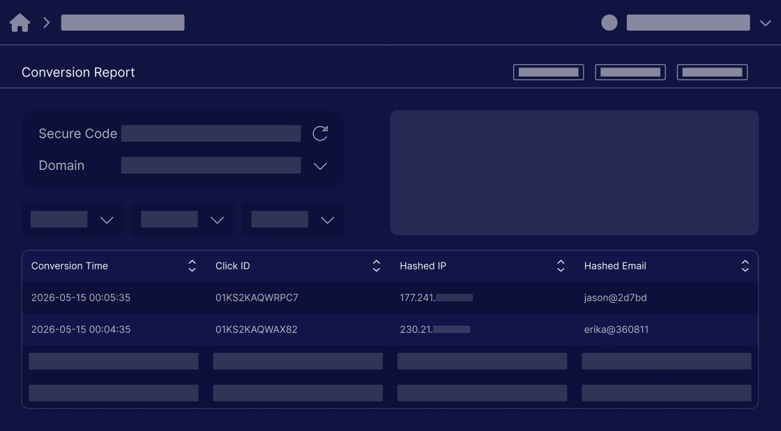 Affiliate marketing dashboard showing cookieless tracking report