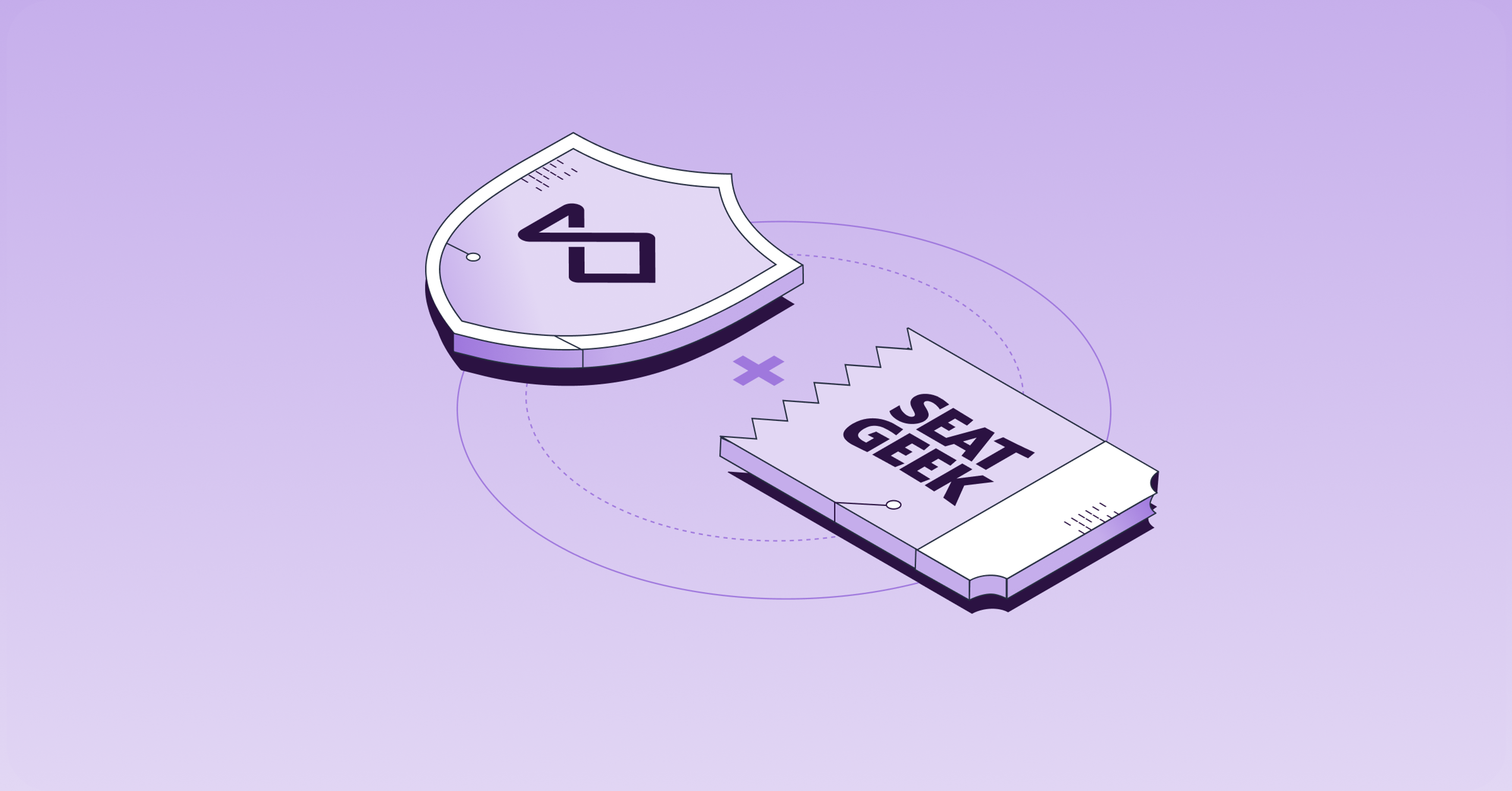 A purple shield with an abstract logo next to a torn SeatGeek ticket, connected by a plus sign.