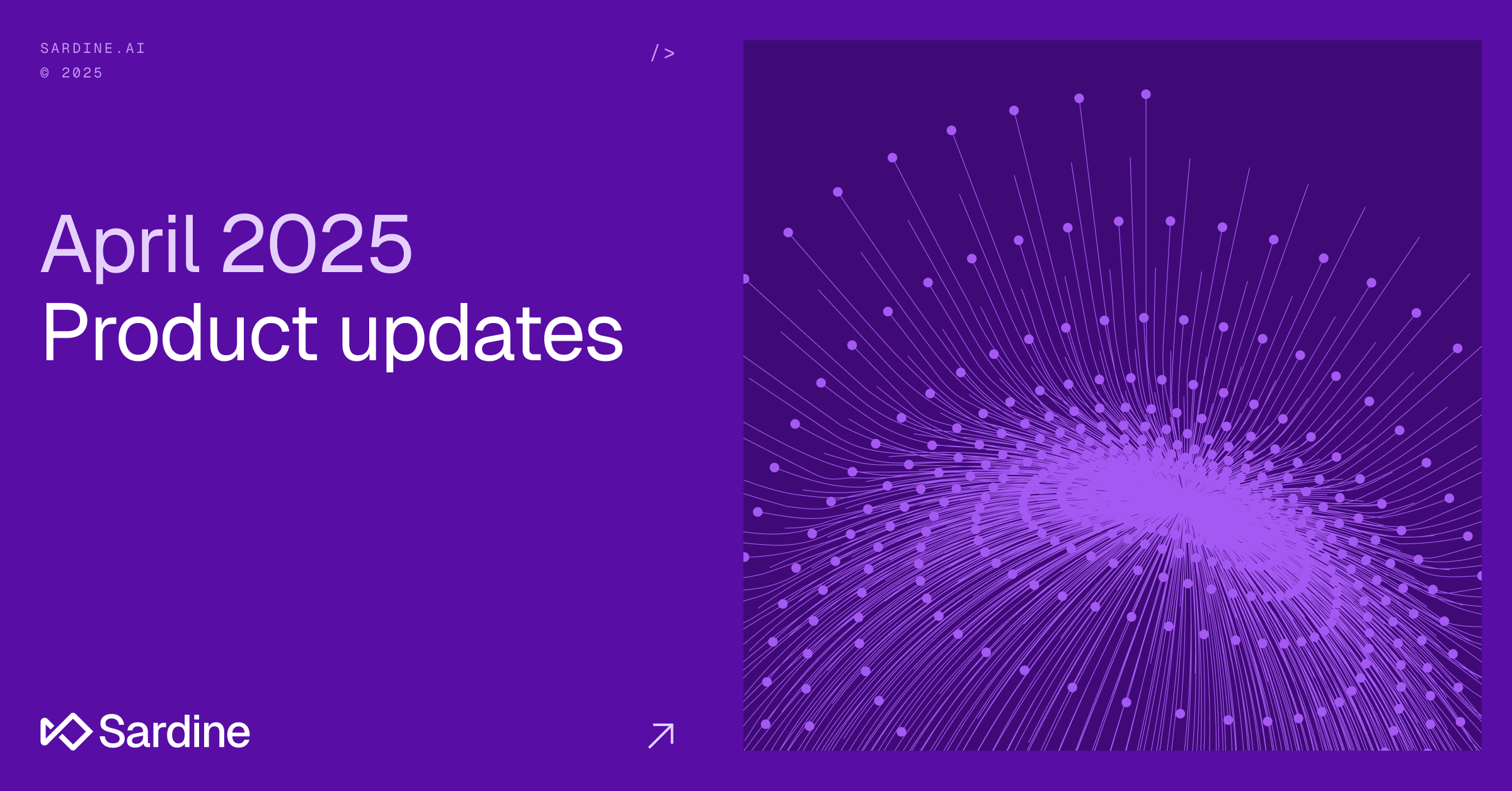 Slide titled "April 2025 Product updates" from Sardine AI, featuring a purple abstract graphic.