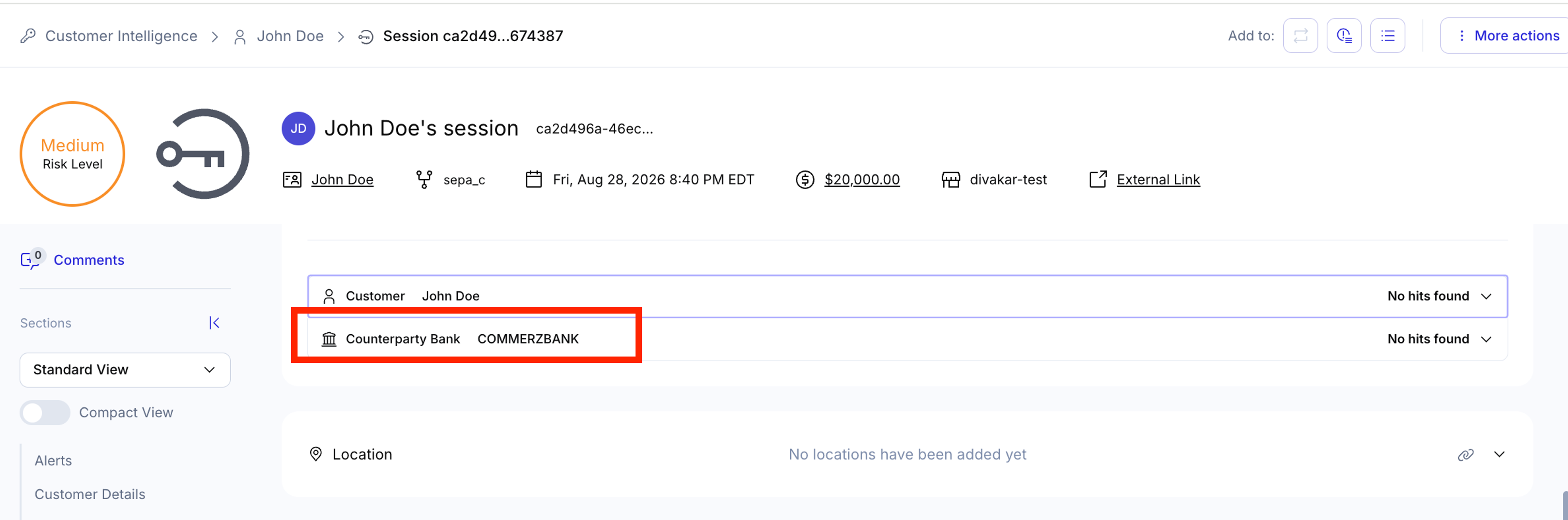 Panel de control que muestra la sesión de John Doe con un nivel de riesgo medio, donde aparece resaltado el banco de la contraparte «COMMERZBANK».