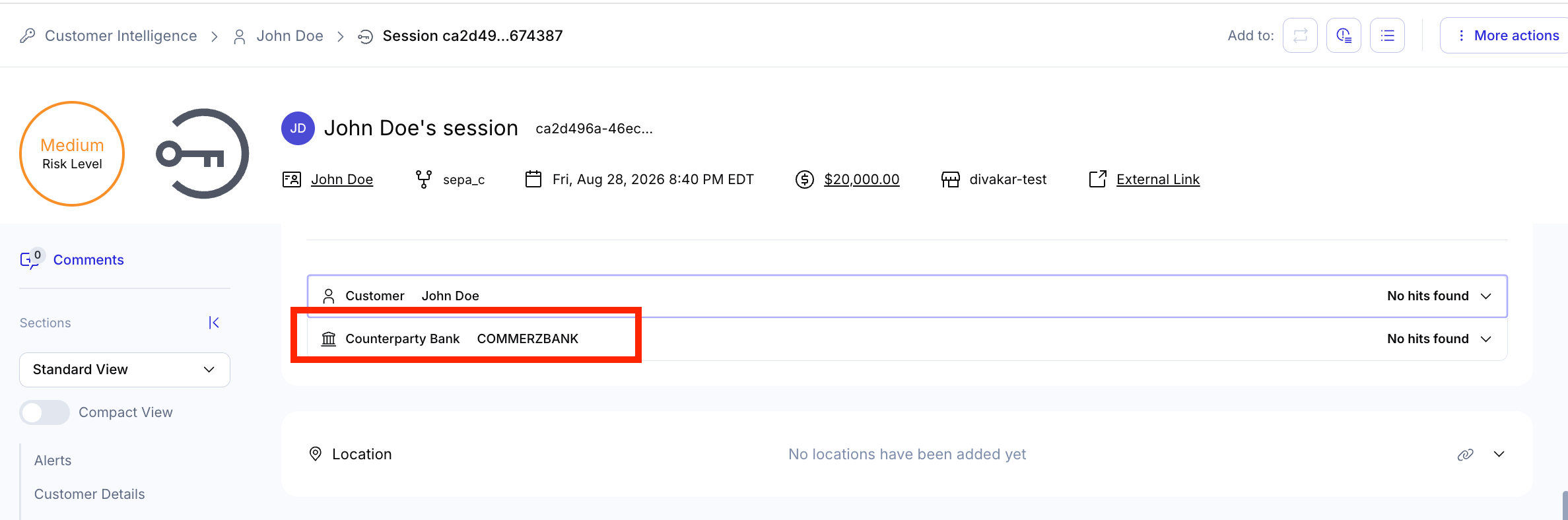 中程度のリスクレベルと判定されたJohn Doeのセッションを表示するダッシュボード。取引相手の銀行「COMMERZBANK」が強調表示されています。