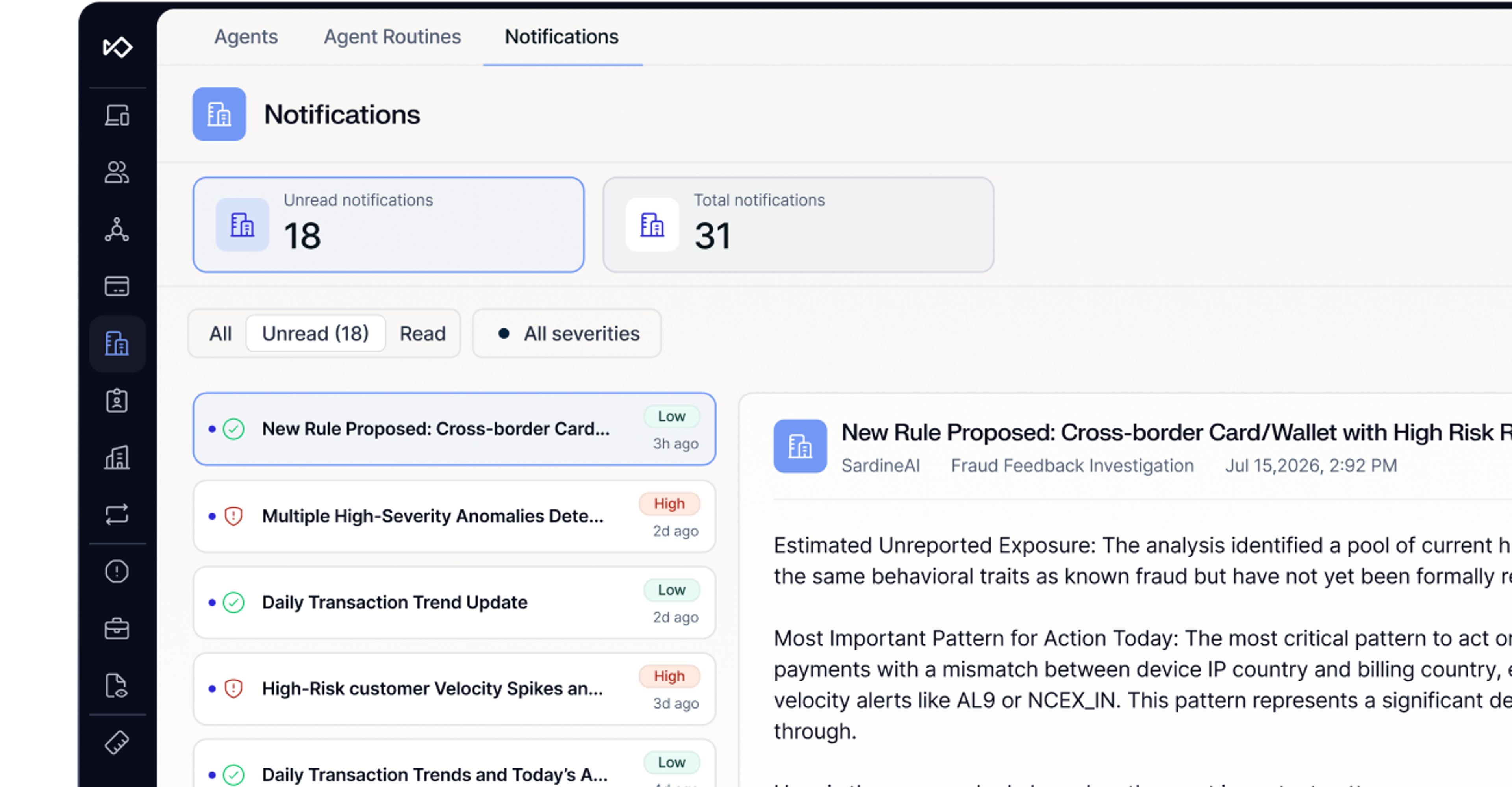 The Sardine Agent Hub, showing the notifications an agent raised and the detail of a proposed rule