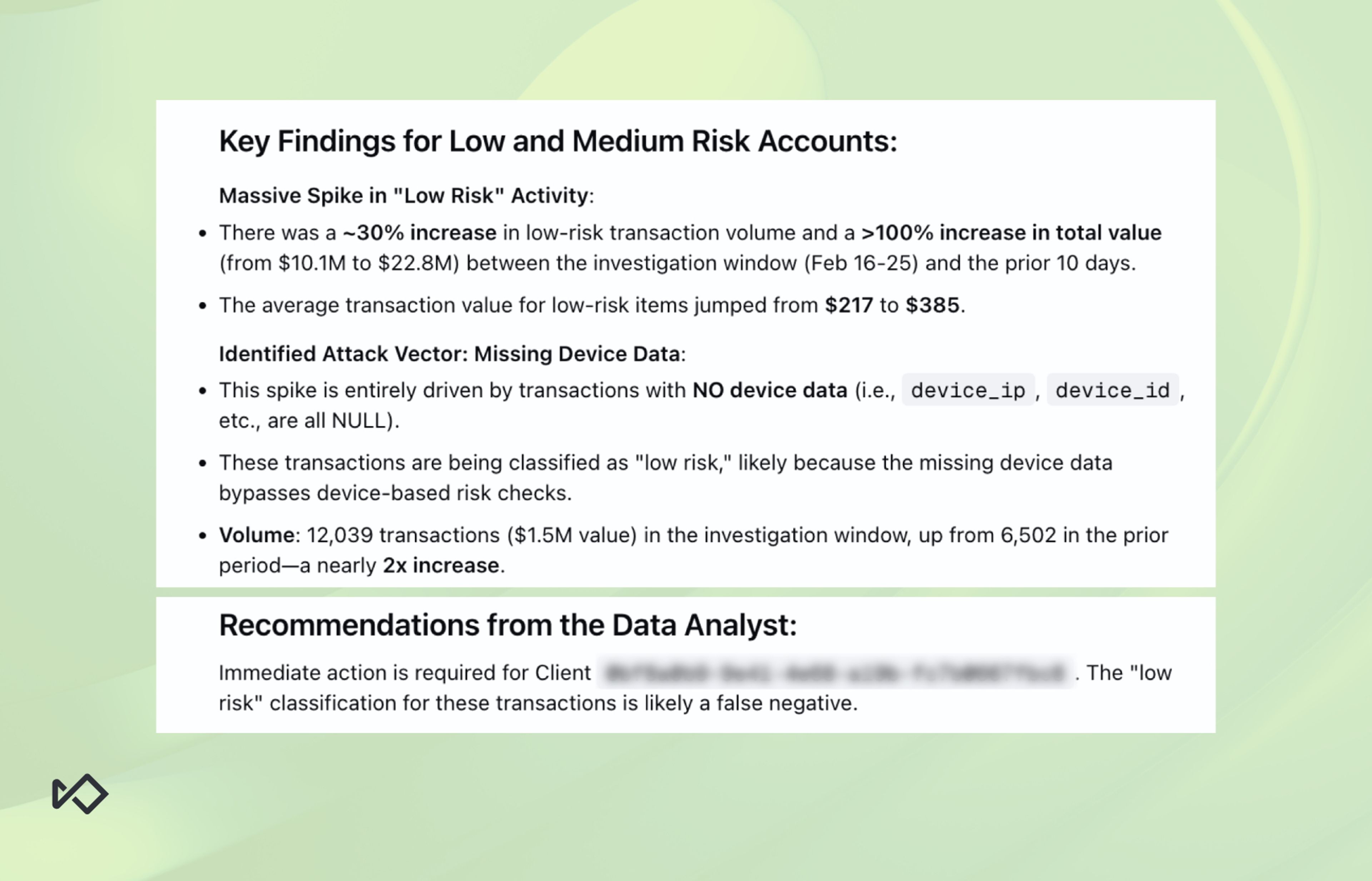 A text report titled "Key Findings for Low and Medium Risk Accounts" detailing a massive spike in "low risk" transactions due to missing device data, with recommendations.