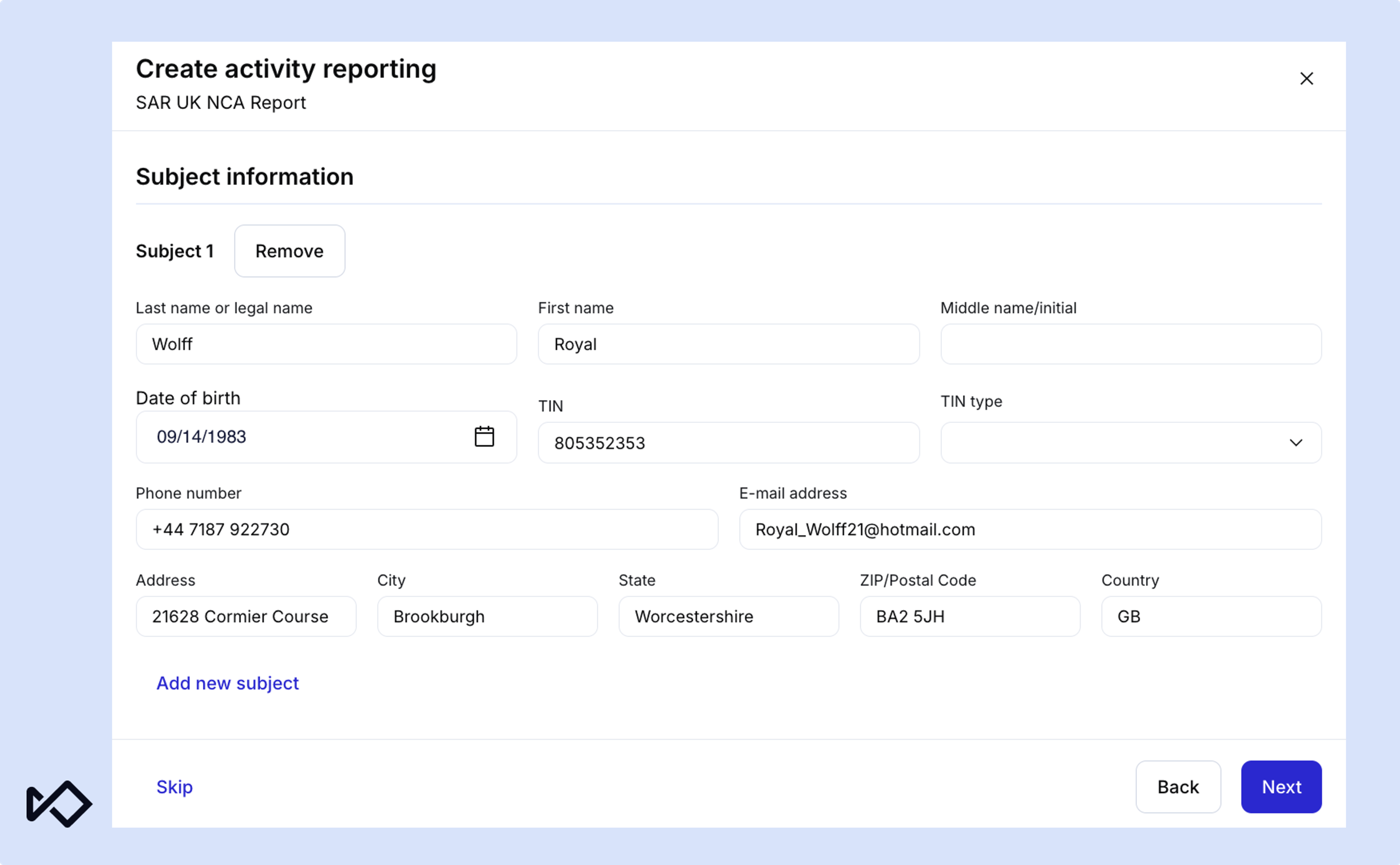 A digital form titled "Create activity reporting" with "Subject information" fields pre-filled, including name, date of birth, contact, and address.