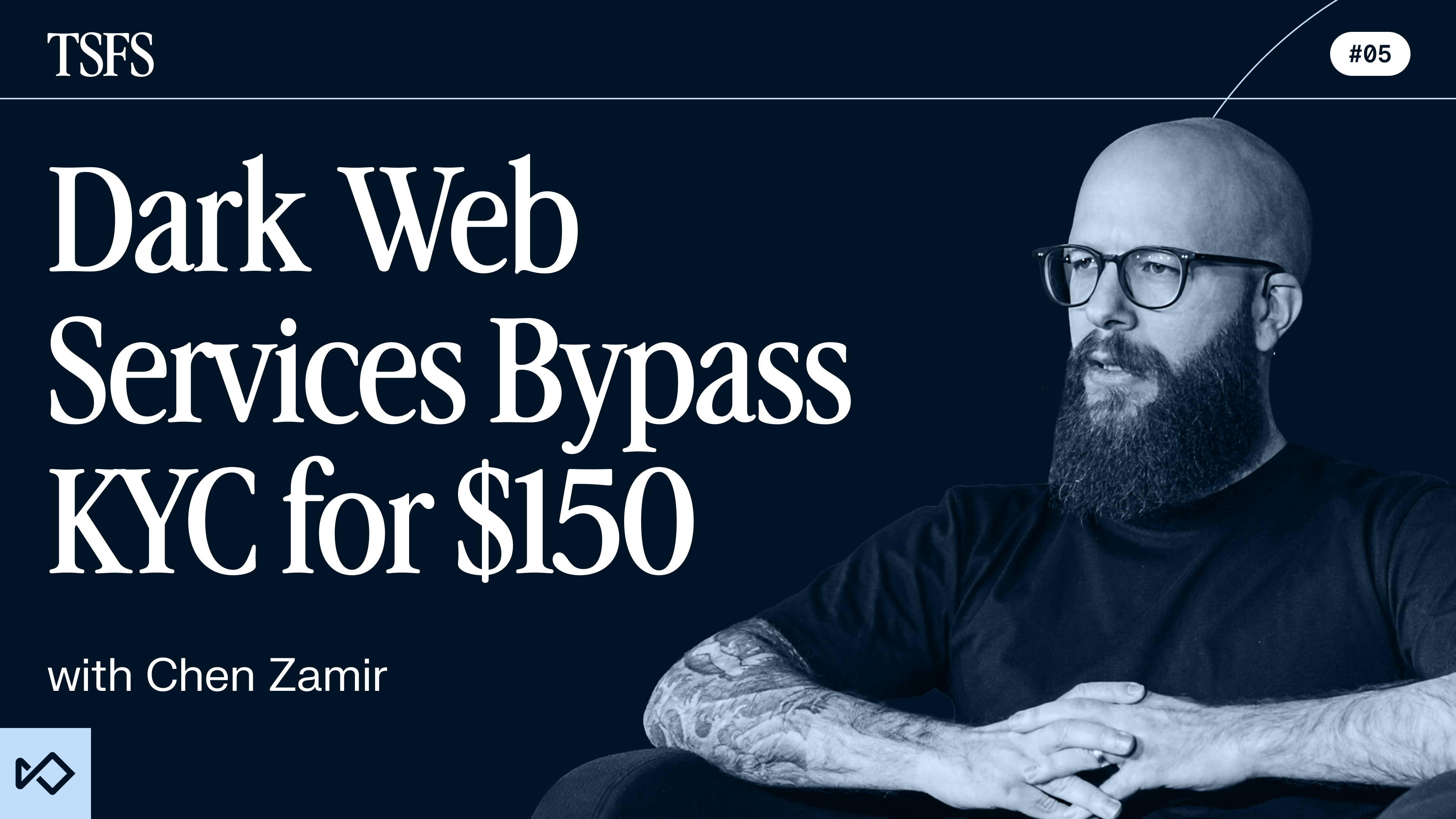 Graphic for "Dark Web Services Bypass KYC for $150 with Chen Zamir," featuring a bald man with a beard and glasses.
