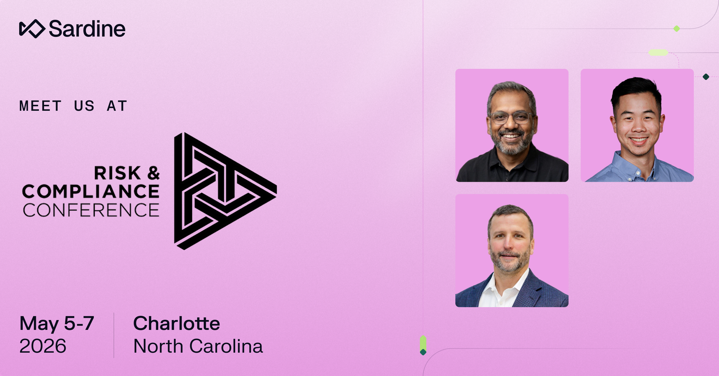 Sardine advertisement for the Risk & Compliance Conference, May 5-7, 2026, Charlotte, NC, featuring three representatives.