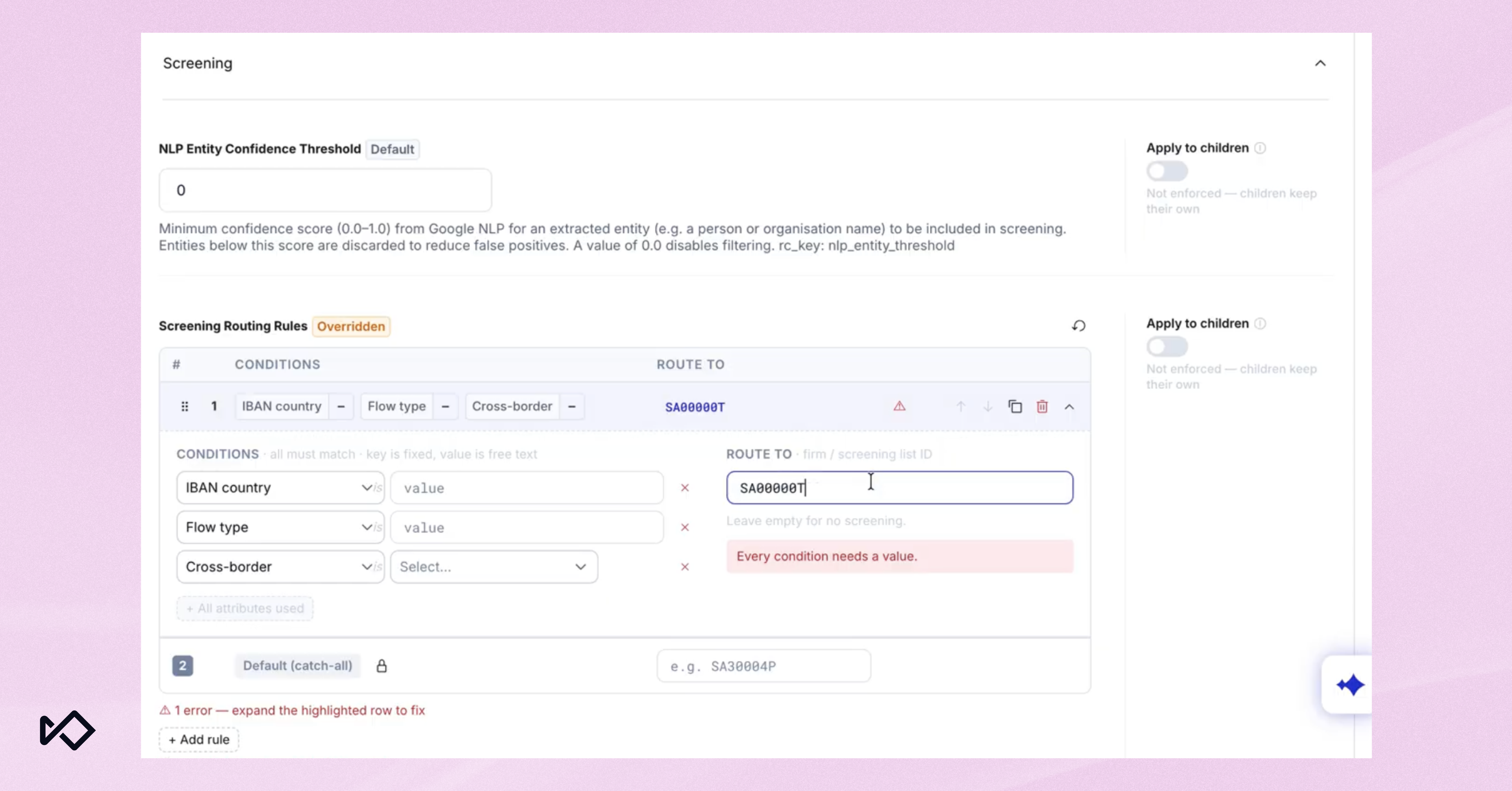 User interface displaying "Screening Routing Rules" with conditions for routing and an active error message "Every condition needs a value."