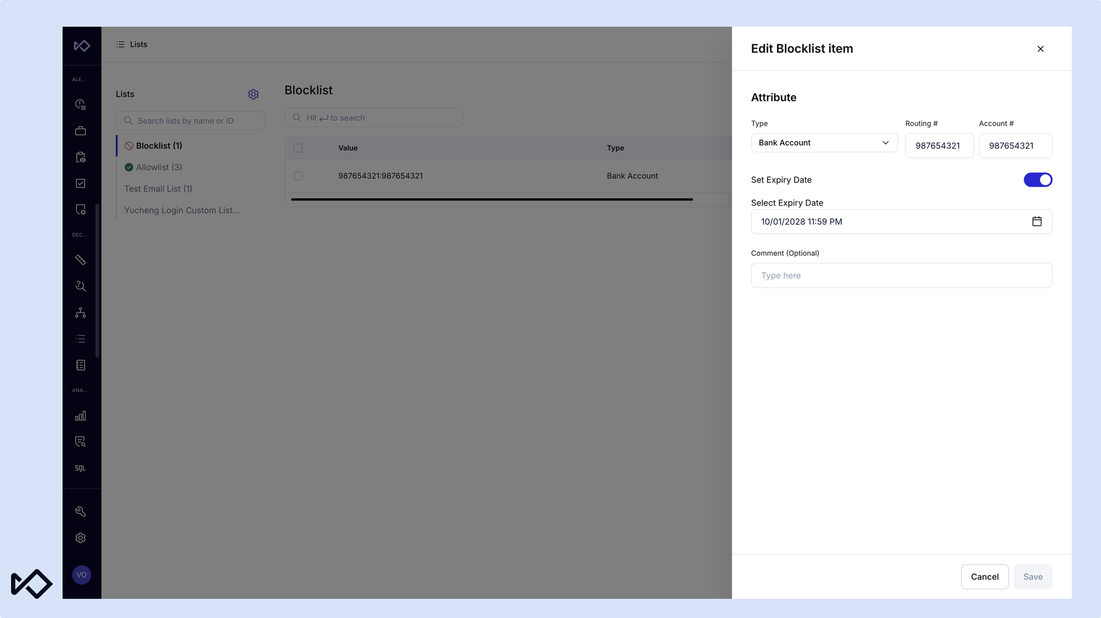 A user interface displays an 'Edit Blocklist Item' modal with bank account details and an expiry date, overlaid on a blocklist table.