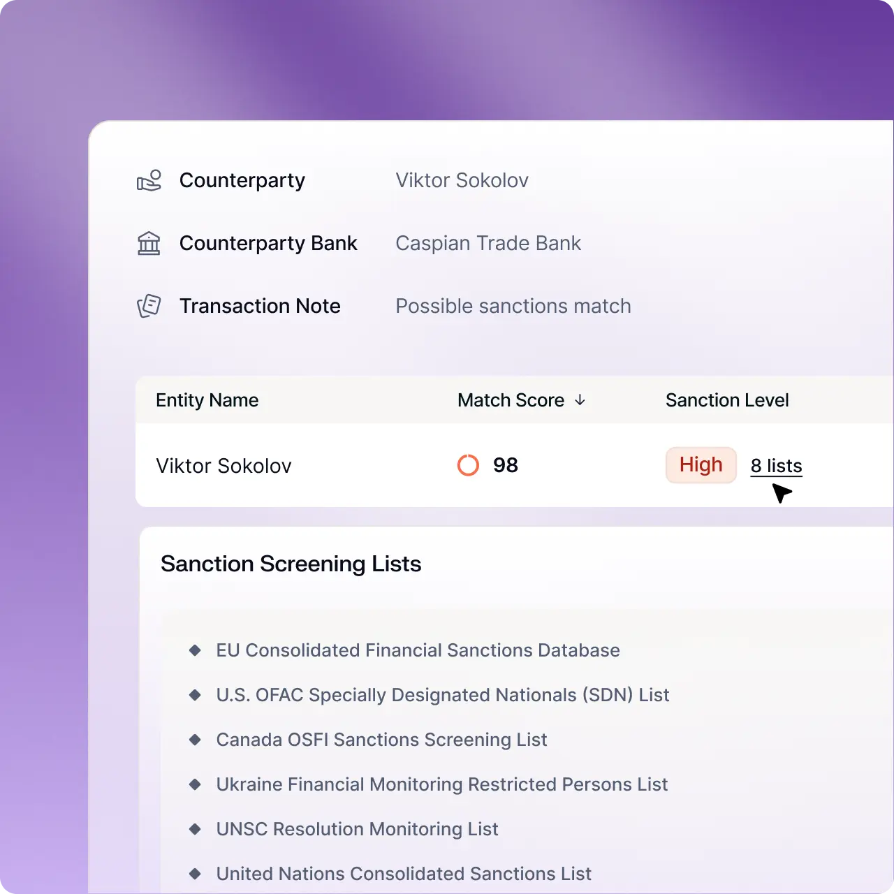 Screen counterparties against global sanctions and watchlists