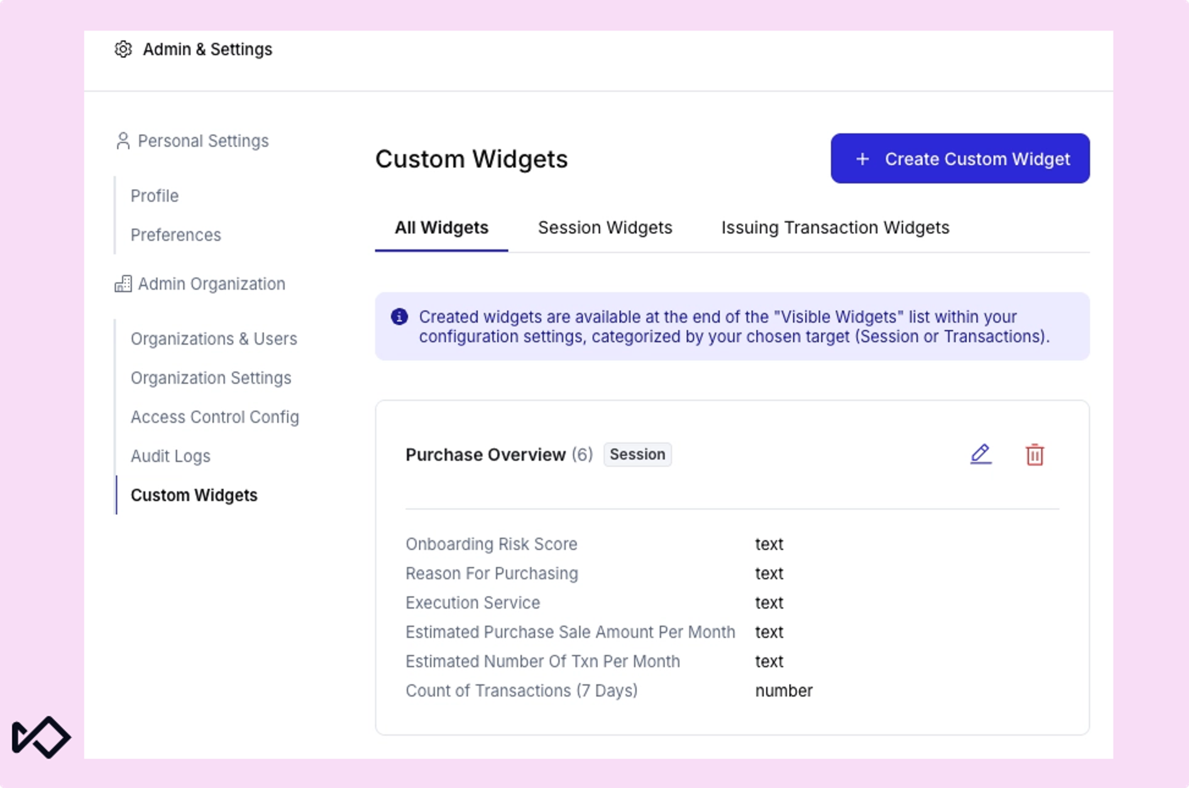 Admin settings page for 'Custom Widgets' displaying a 'Purchase Overview' widget definition and a button to 'Create Custom Widget'.