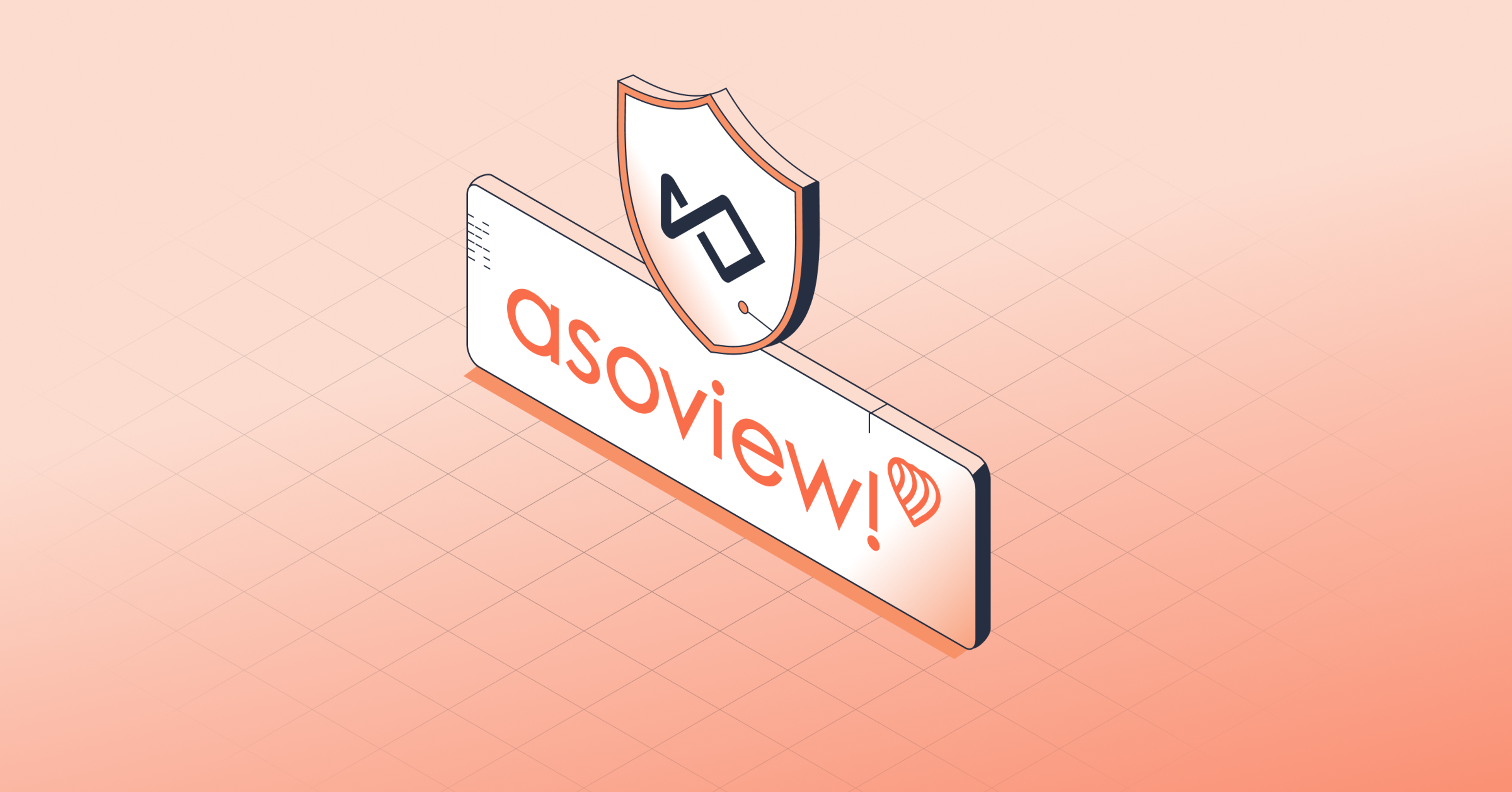 Isometric illustration of 'asoview!' text on a white bar with a shield logo above.