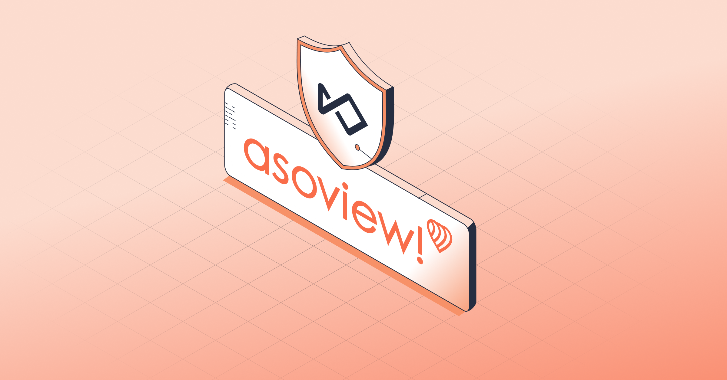 Isometric illustration of 'asoview!' text on a white bar with a shield logo above.
