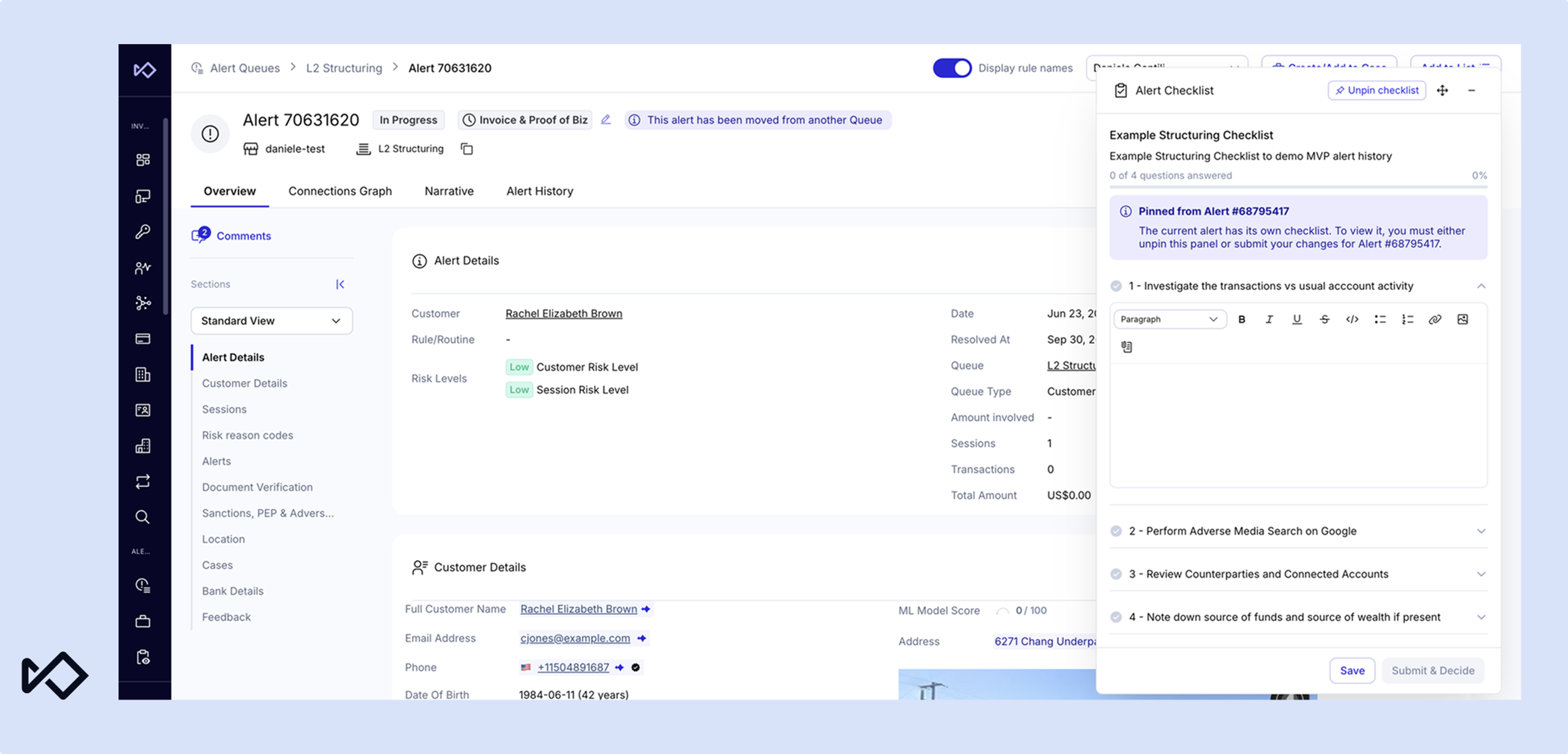 A financial compliance software interface displaying alert details, customer information, and an alert checklist.