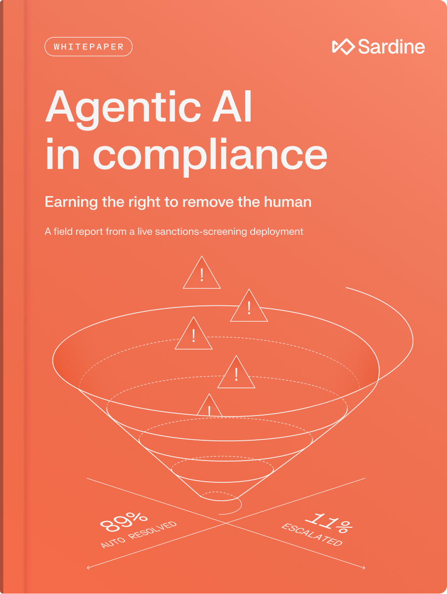 Sardine whitepaper cover: "Agentic AI in compliance," showing 89% auto-resolved and 11% escalated.
