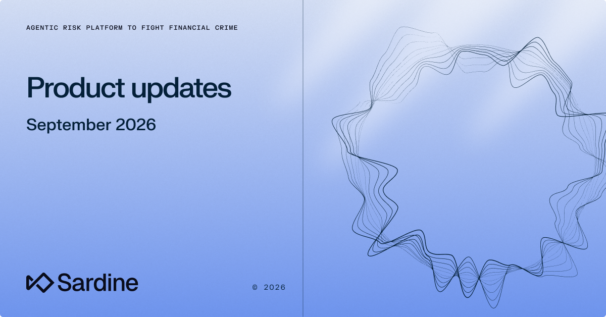 Sardine product updates title slide for September 2026, for an Agentic Risk Platform.