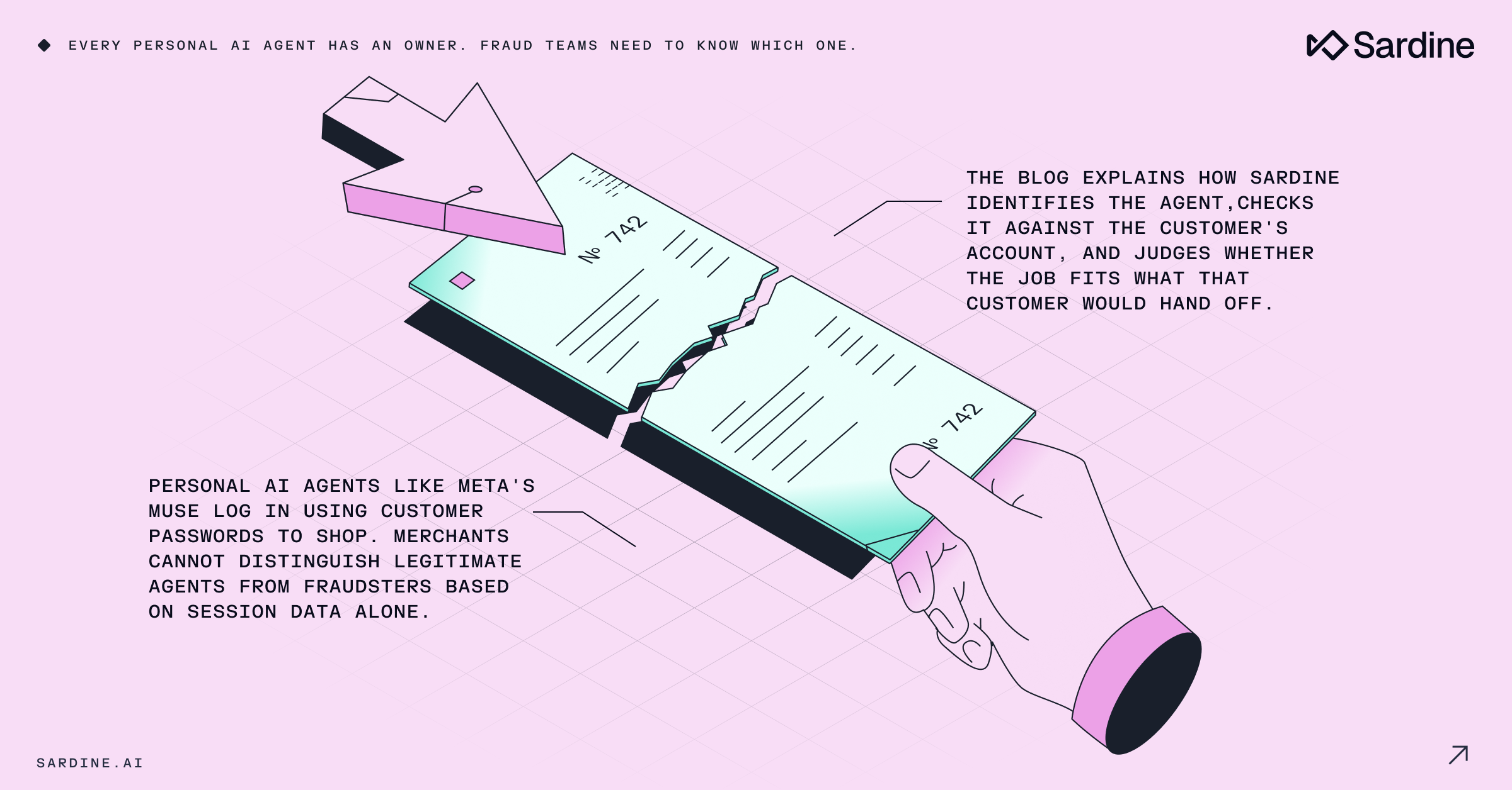 A hand holds a torn document with an arrow pointing to it, illustrating the challenge of distinguishing legitimate AI agents from fraudsters.
