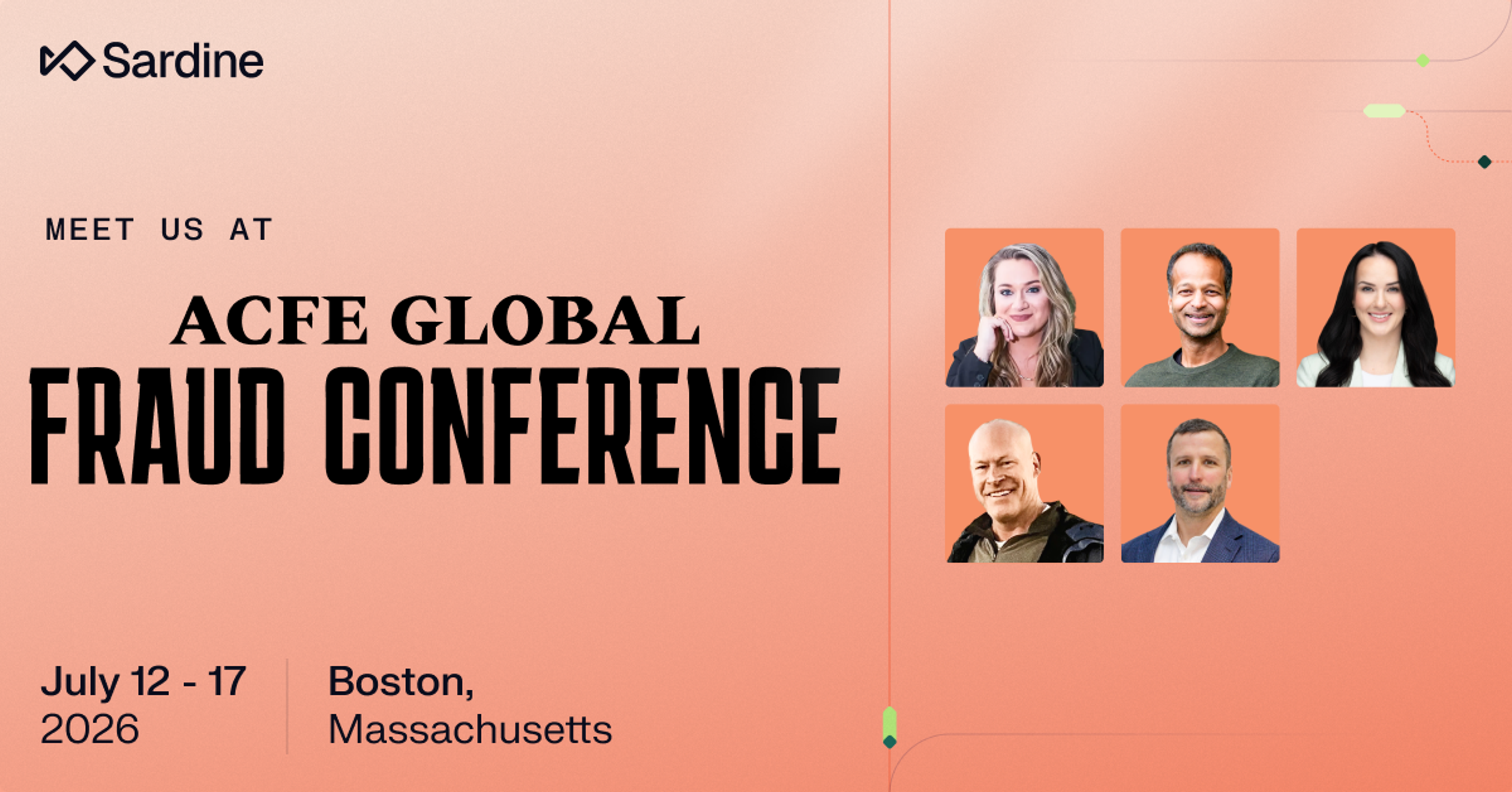 Sardine's conference invitation featuring Hailey Windham for the ACFE Global Fraud Conference in Boston, July 12-17, 2026.