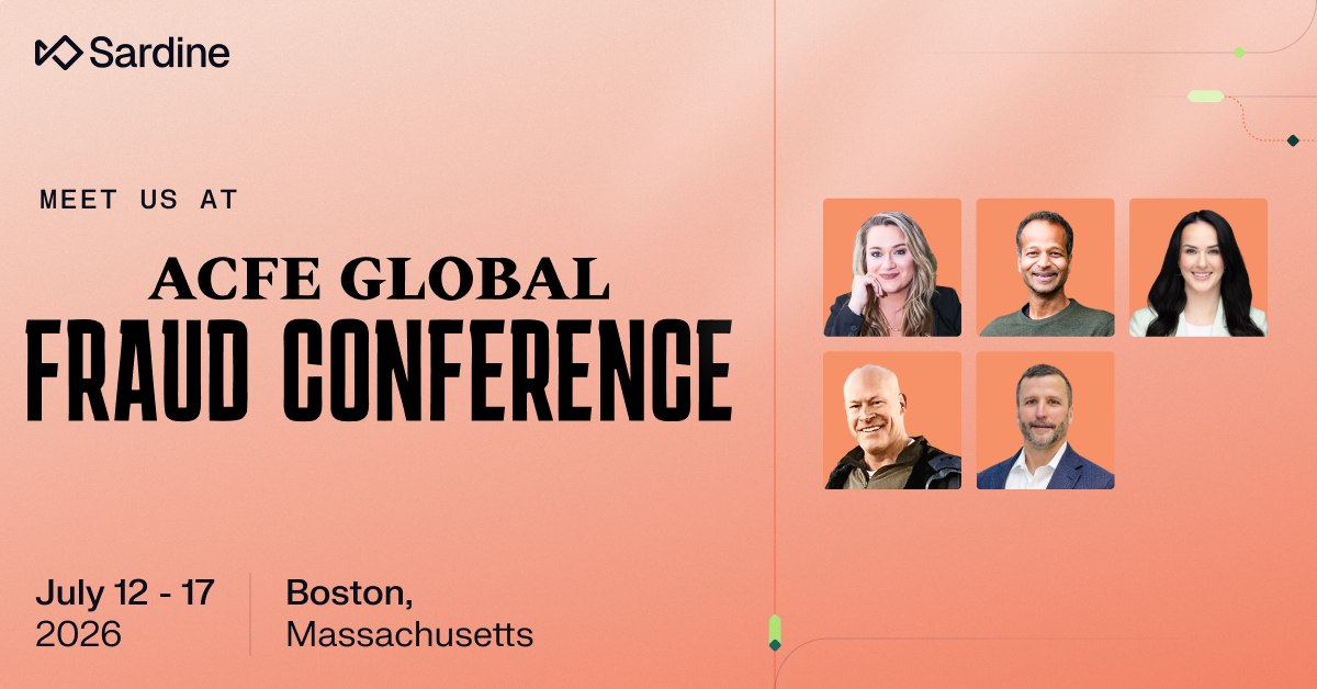 Sardine's conference invitation featuring Hailey Windham for the ACFE Global Fraud Conference in Boston, July 12-17, 2026.