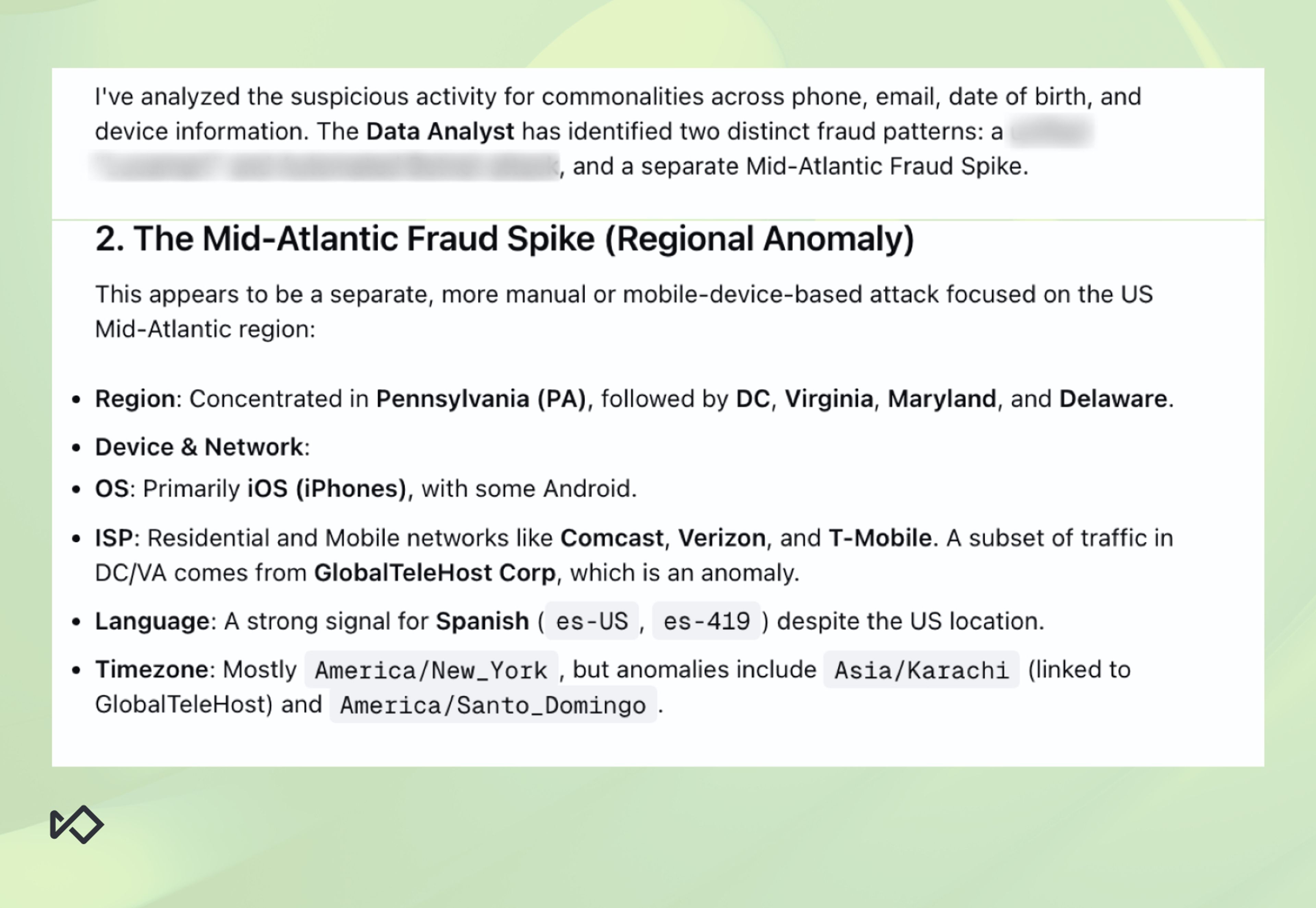 A fraud analysis report section titled "The Mid-Atlantic Fraud Spike (Regional Anomaly)," detailing fraud patterns by region (PA, DC, VA, MD, DE), device OS (iOS, Android), strong Spanish language signals, and timezone anomalies.