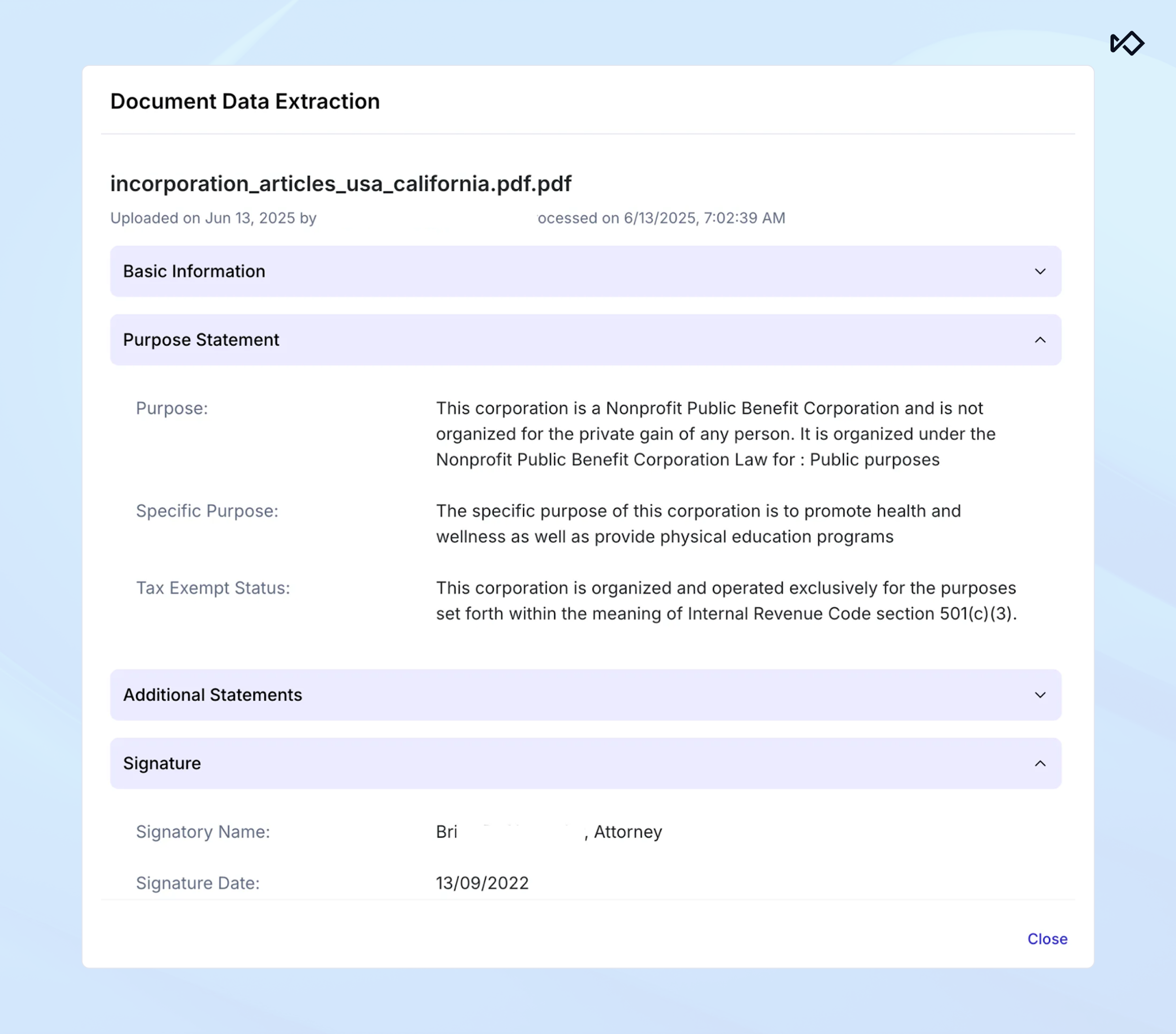 A data extraction interface displaying purpose statement and signature details from incorporation articles.