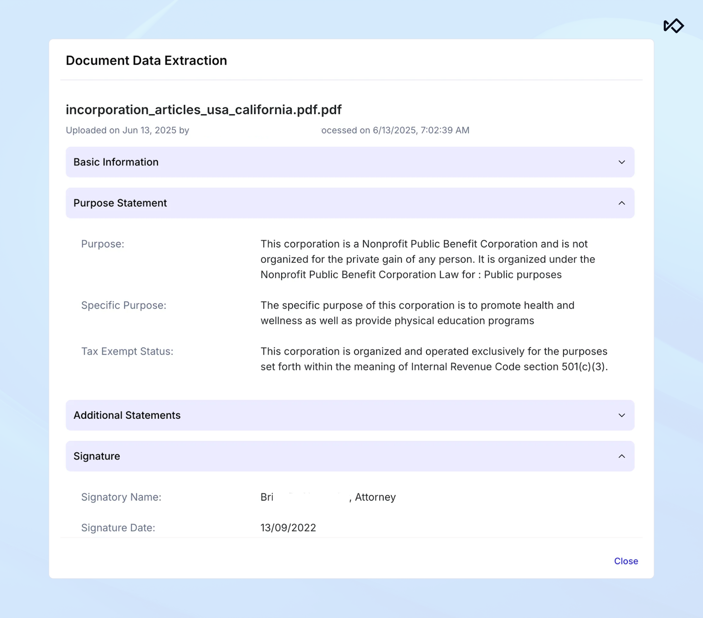 A data extraction interface displaying purpose statement and signature details from incorporation articles.