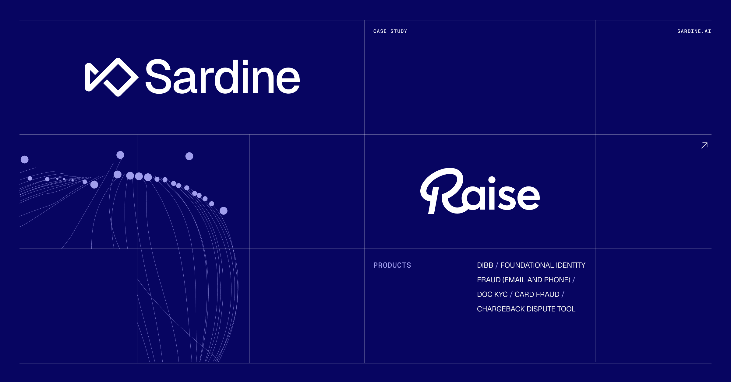 Sardine and Raise logos with listed products for foundational identity, fraud, KYC, and chargeback dispute tools.