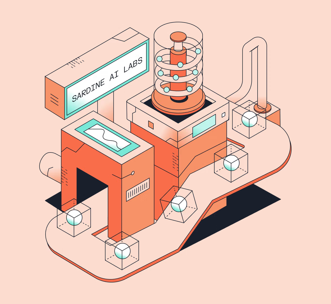 Isometric illustration of a Sardine AI Labs research machine in coral and teal, with a spiral column inside a glass cylinder and data cubes moving along a track, representing foundation models learning financial behavior to detect fraud.
