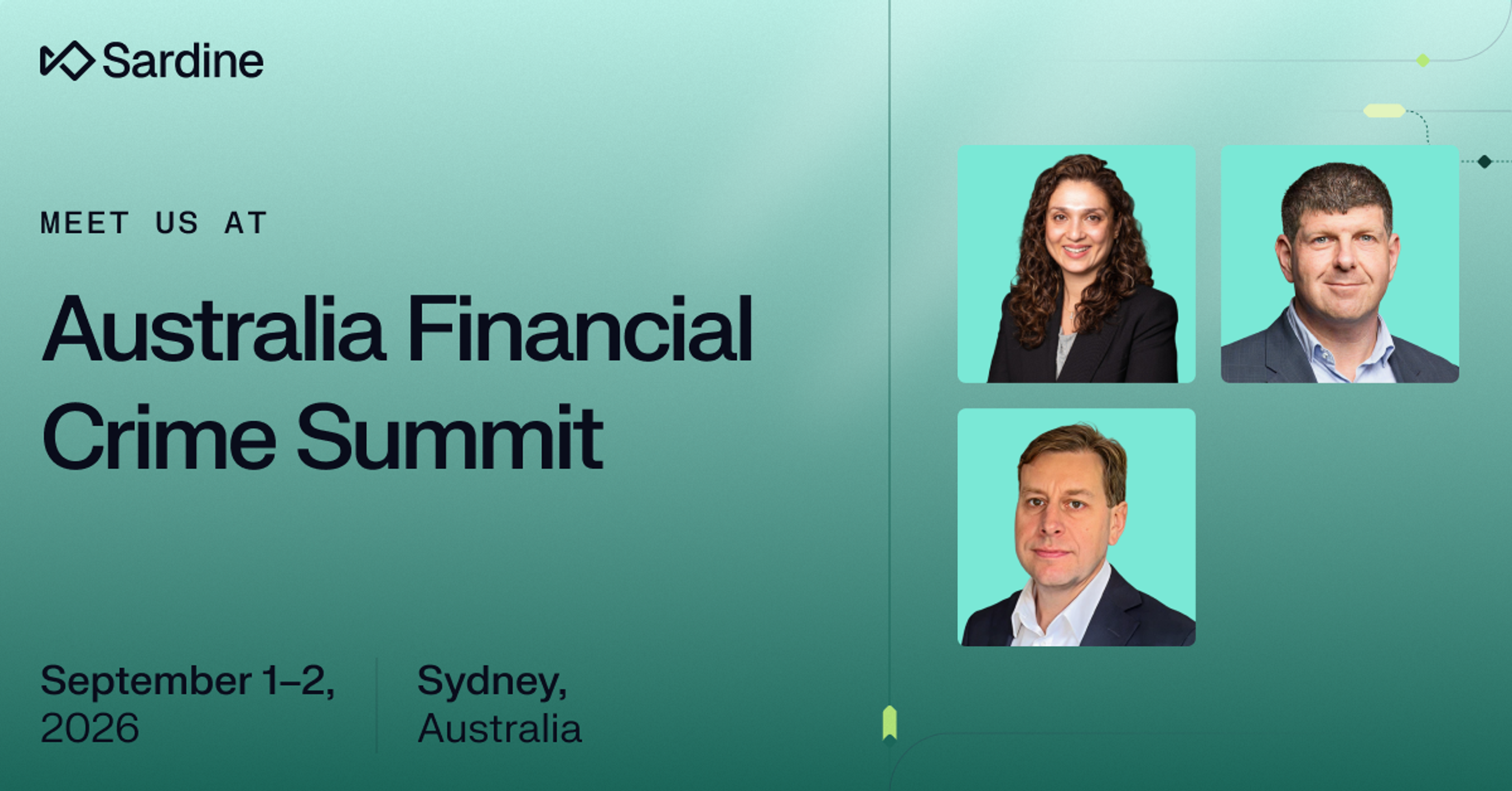 Sardine advertisement for the Australia Financial Crime Summit, September 1-2, 2026, in Sydney, featuring three headshots.