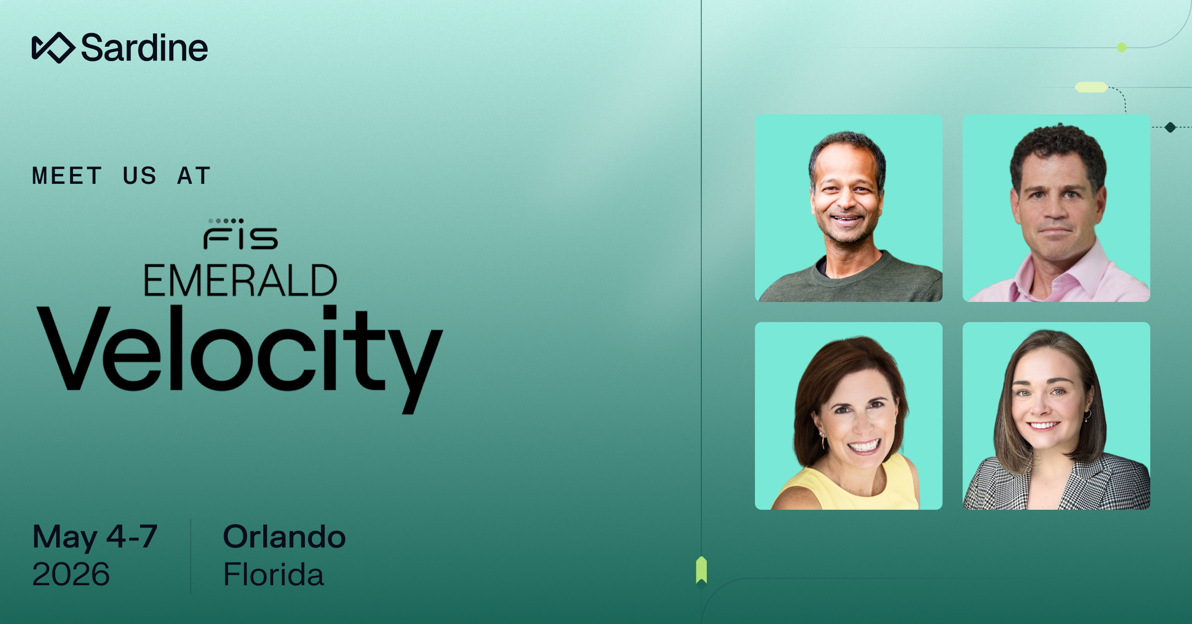 Advertisement for Sardine at FIS EMERALD Velocity, May 4-7, 2026, in Orlando, Florida, featuring headshots of four team members.