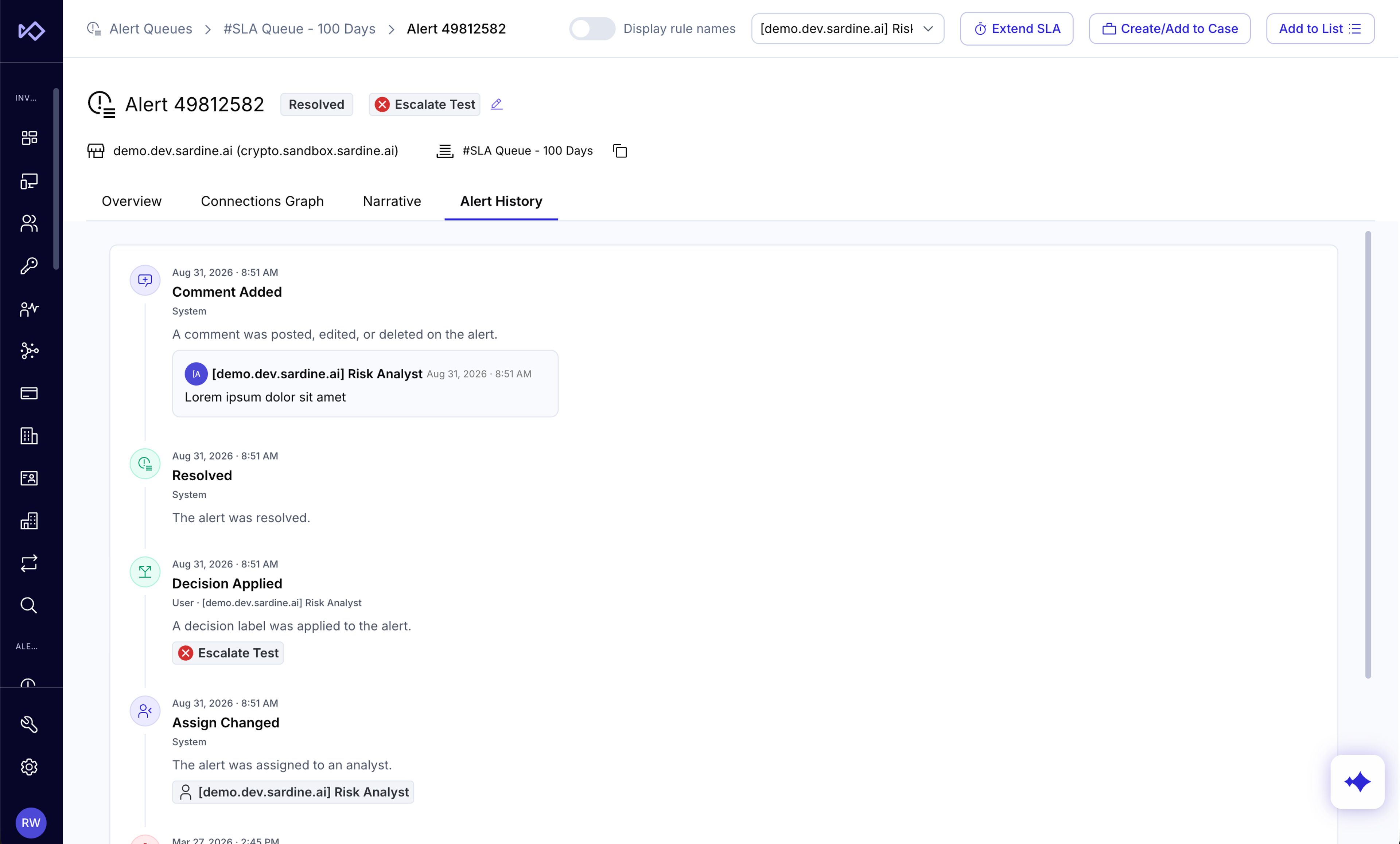Registro histórico de un sistema de gestión de alertas correspondiente a la alerta 49812582, que detalla acciones como comentarios, resolución y aplicación de decisiones.