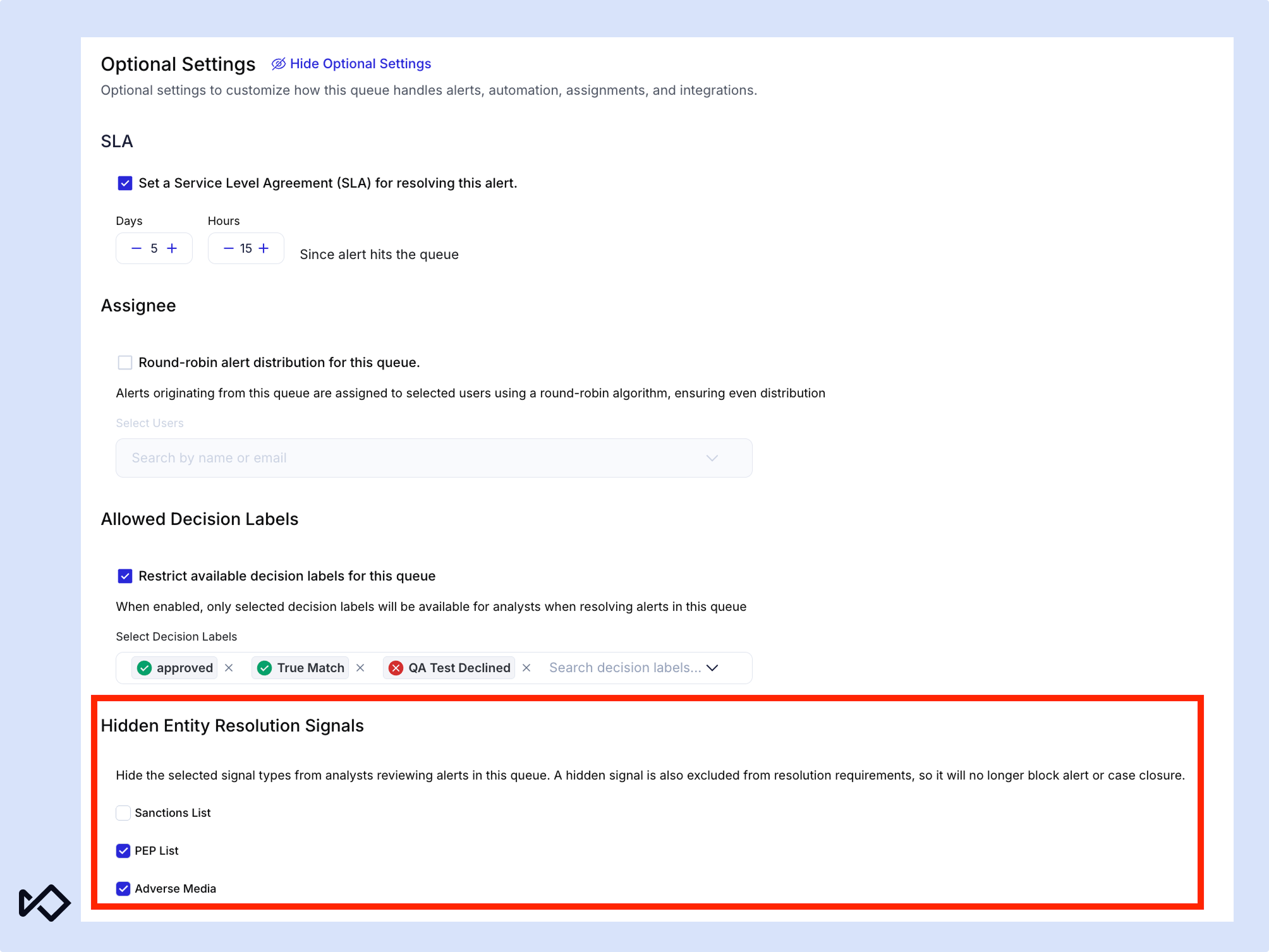 Screenshot of 'Optional Settings' in a web UI, highlighting 'Hidden Entity Resolution Signals' where PEP List and Adverse Media are selected.