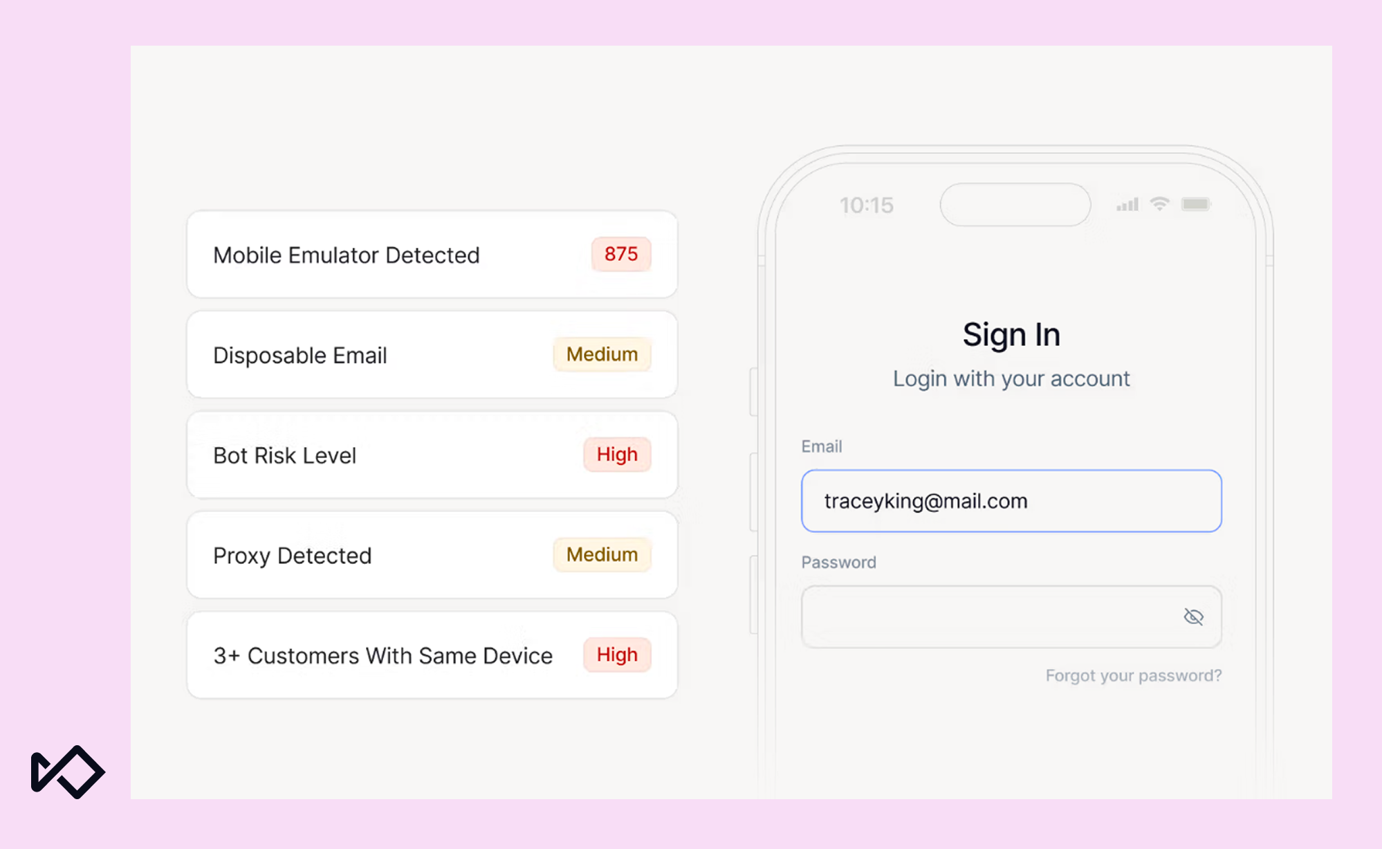 Sardine flags risk signals on a mobile sign-in, including a detected mobile emulator scored 875, high bot risk, a disposable email and proxy at medium risk, and three or more customers sharing the same device.