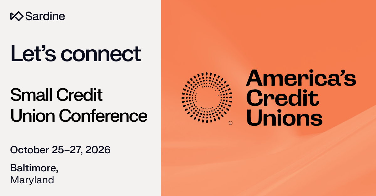 Promotional graphic for the Small Credit Union Conference on October 25-27, 2026, in Baltimore, Maryland, featuring logos for Sardine and America's Credit Unions.