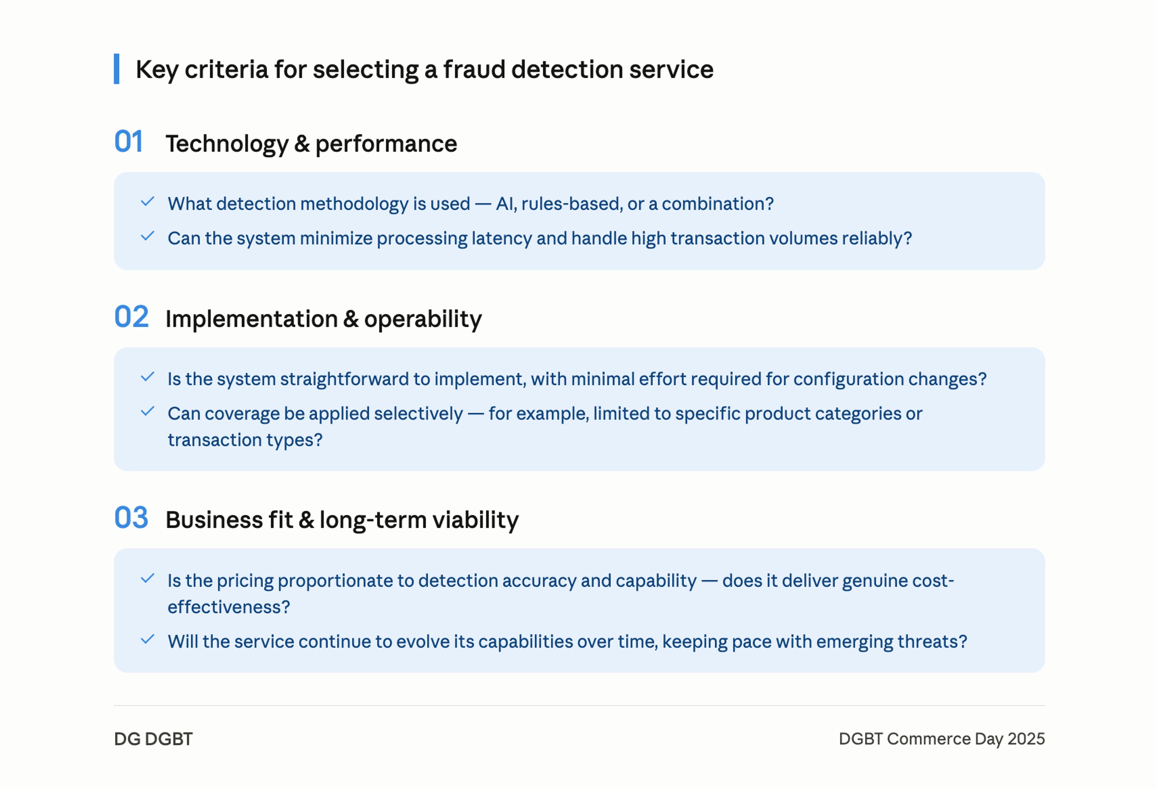Presentation slide titled "Key criteria for selecting a fraud detection service," outlining Technology & performance, Implementation & operability, and Business fit & long-term viability.