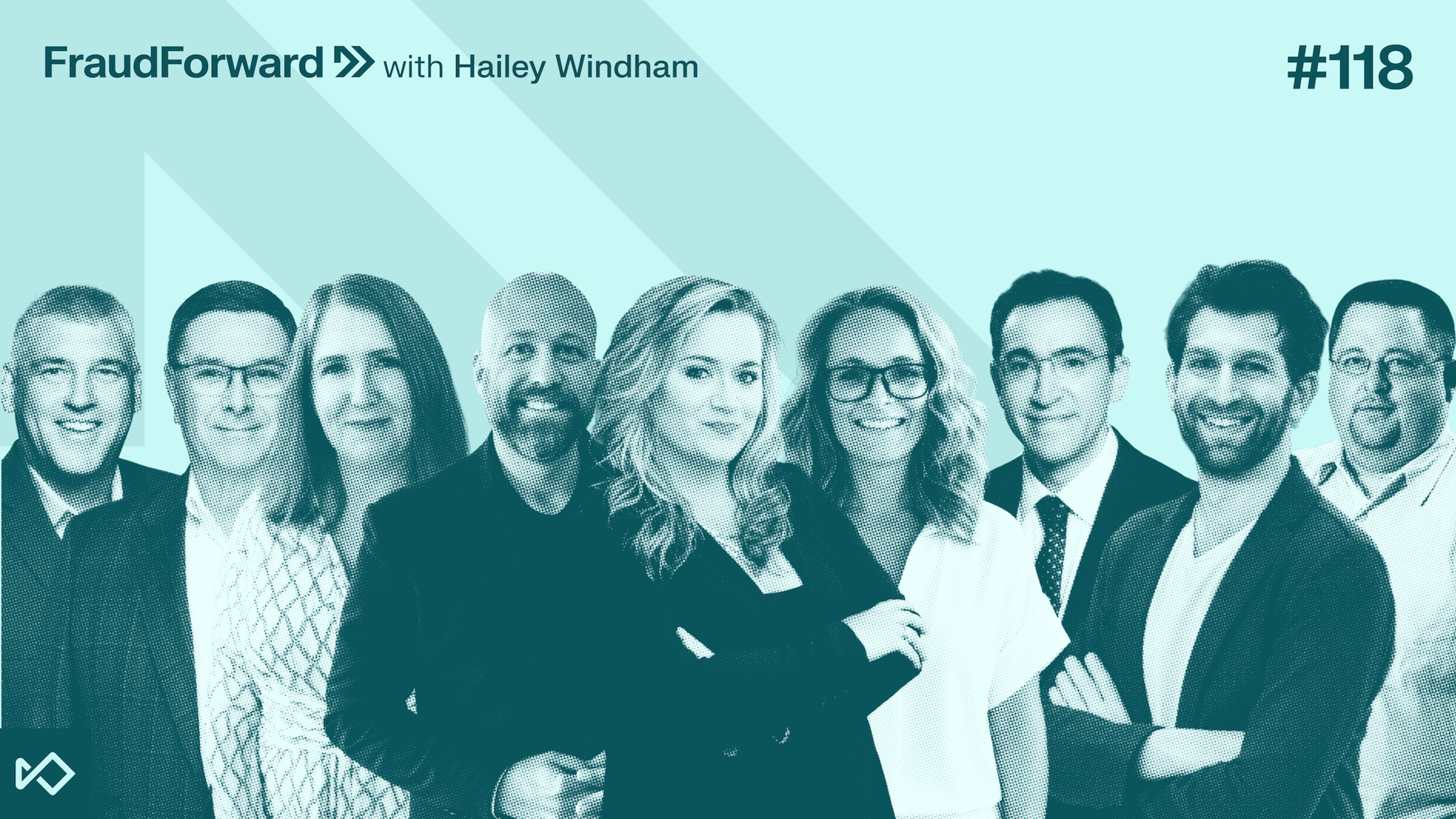 A group of nine smiling people from FraudForward with Hailey Windham, episode 118.