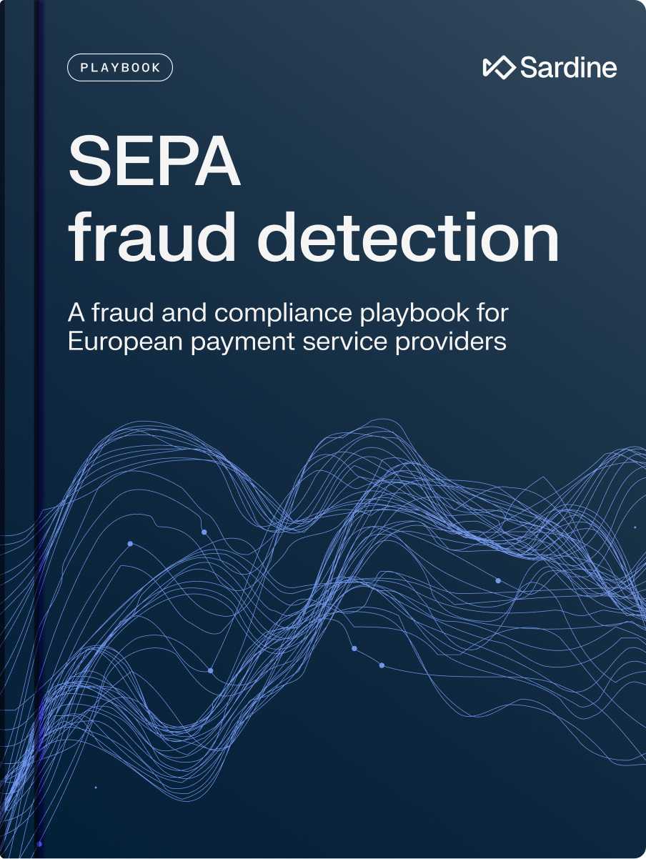 Sardine's 'SEPA fraud detection' playbook cover for European payment service providers, dark blue with abstract wavy lines.
