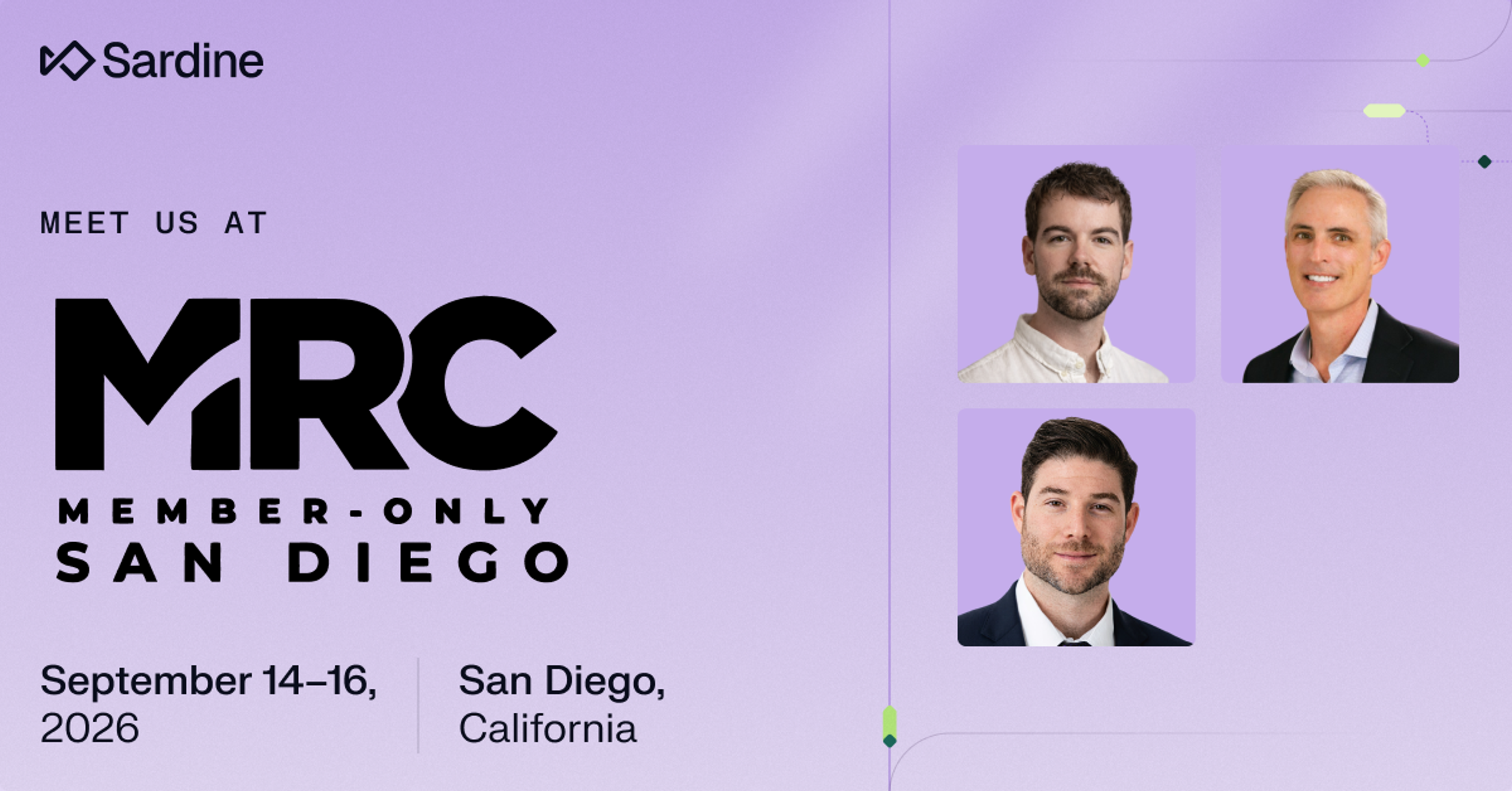 Sardine promotes connecting at the MRC Member-Only San Diego event, September 14-16, 2026.