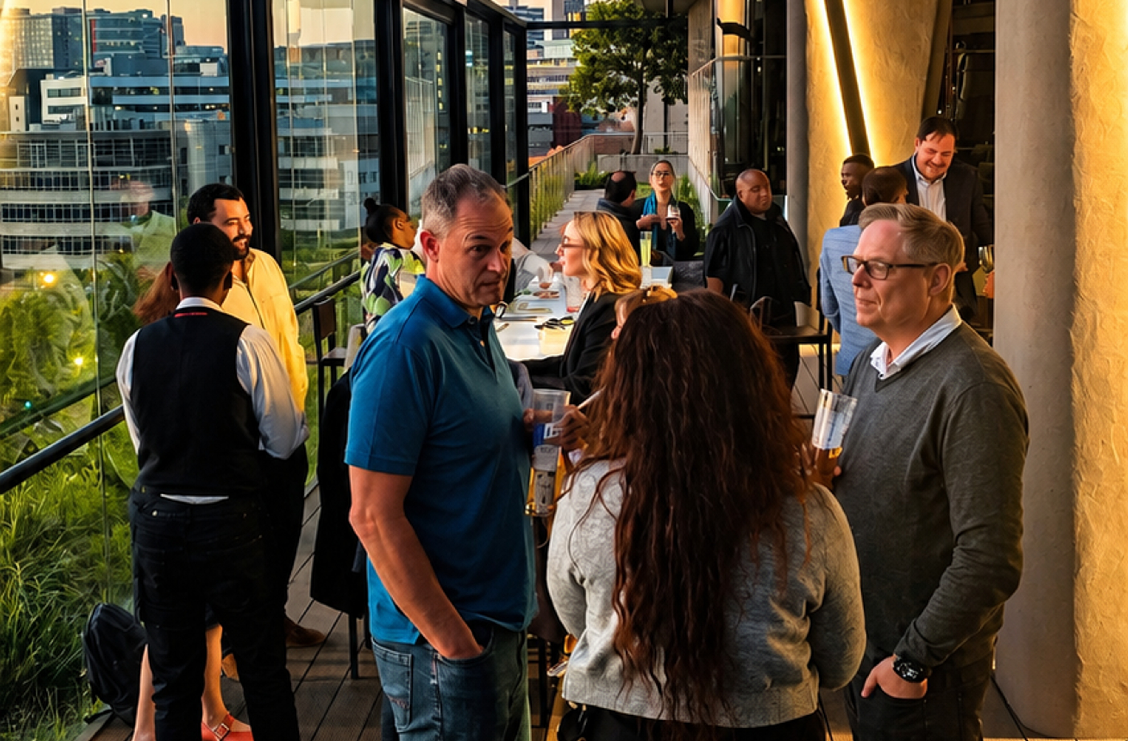 People socialize on a modern rooftop patio overlooking a cityscape.