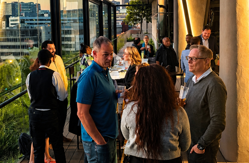 People socialize on a modern rooftop patio overlooking a cityscape.