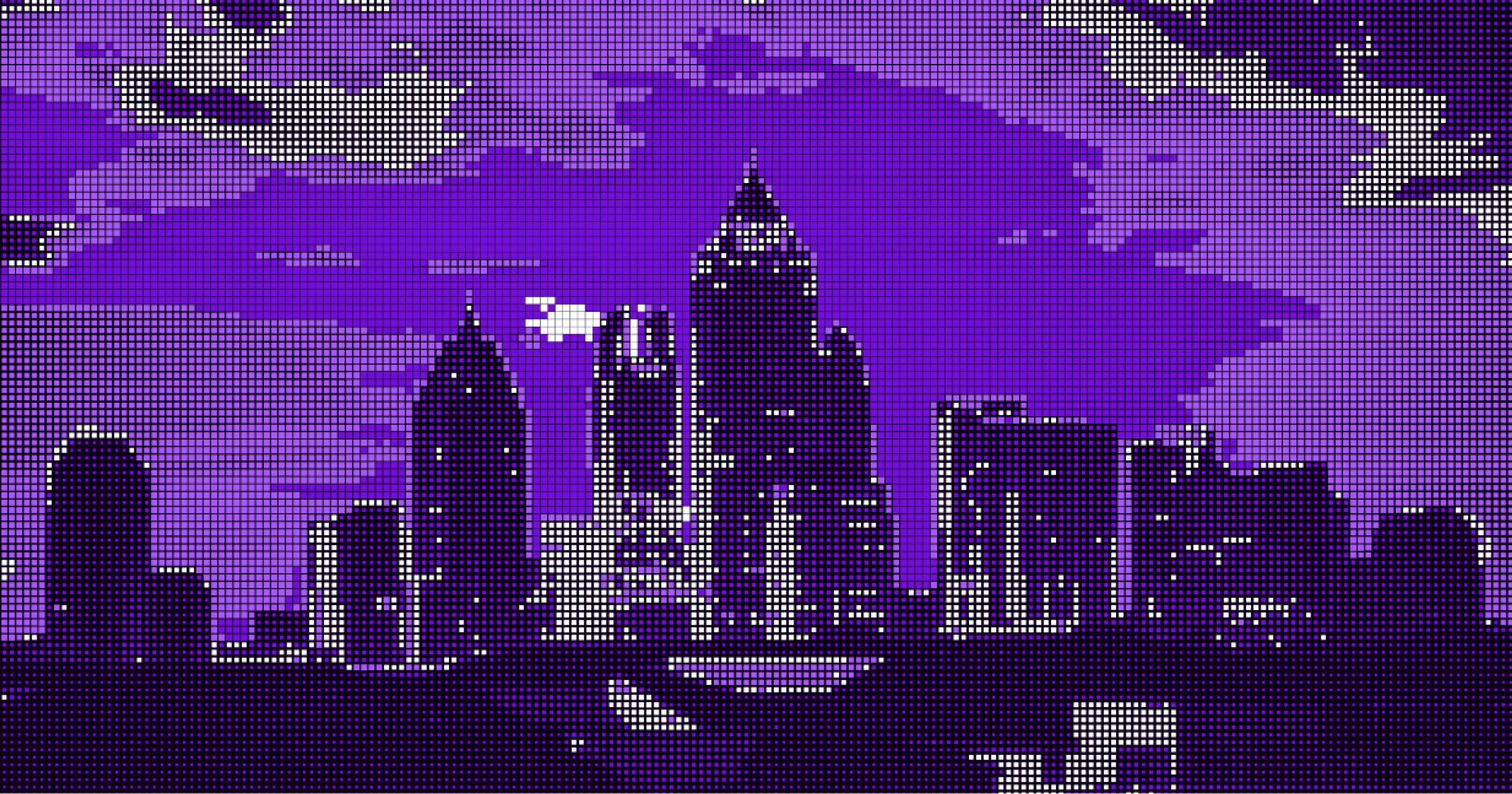 Pixel art cityscape in shades of purple, depicting a nighttime skyline with illuminated buildings and a bright moon.