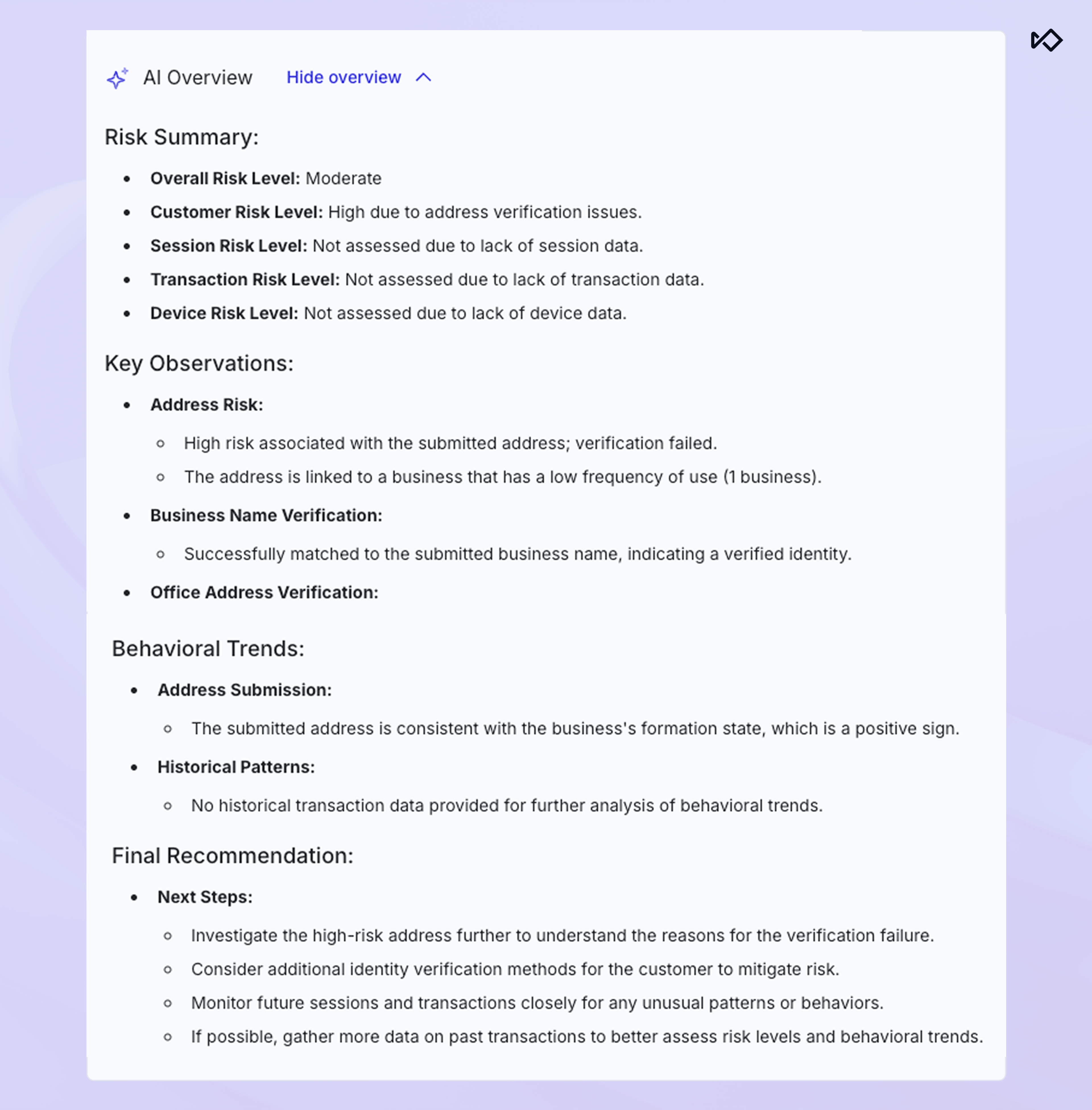 AI-generated risk assessment report with moderate overall risk and high customer risk.