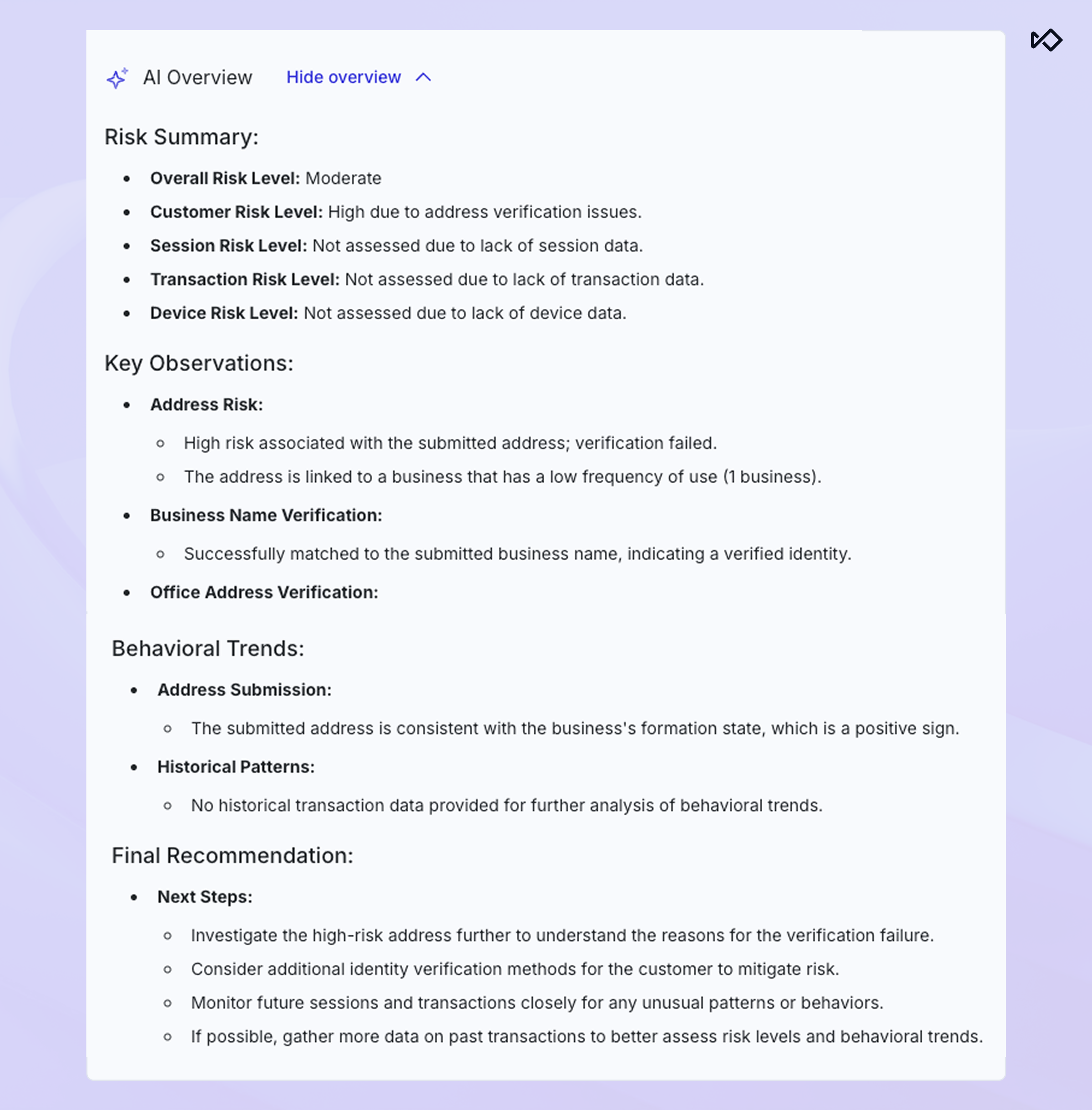 AI-generated risk assessment report with moderate overall risk and high customer risk.