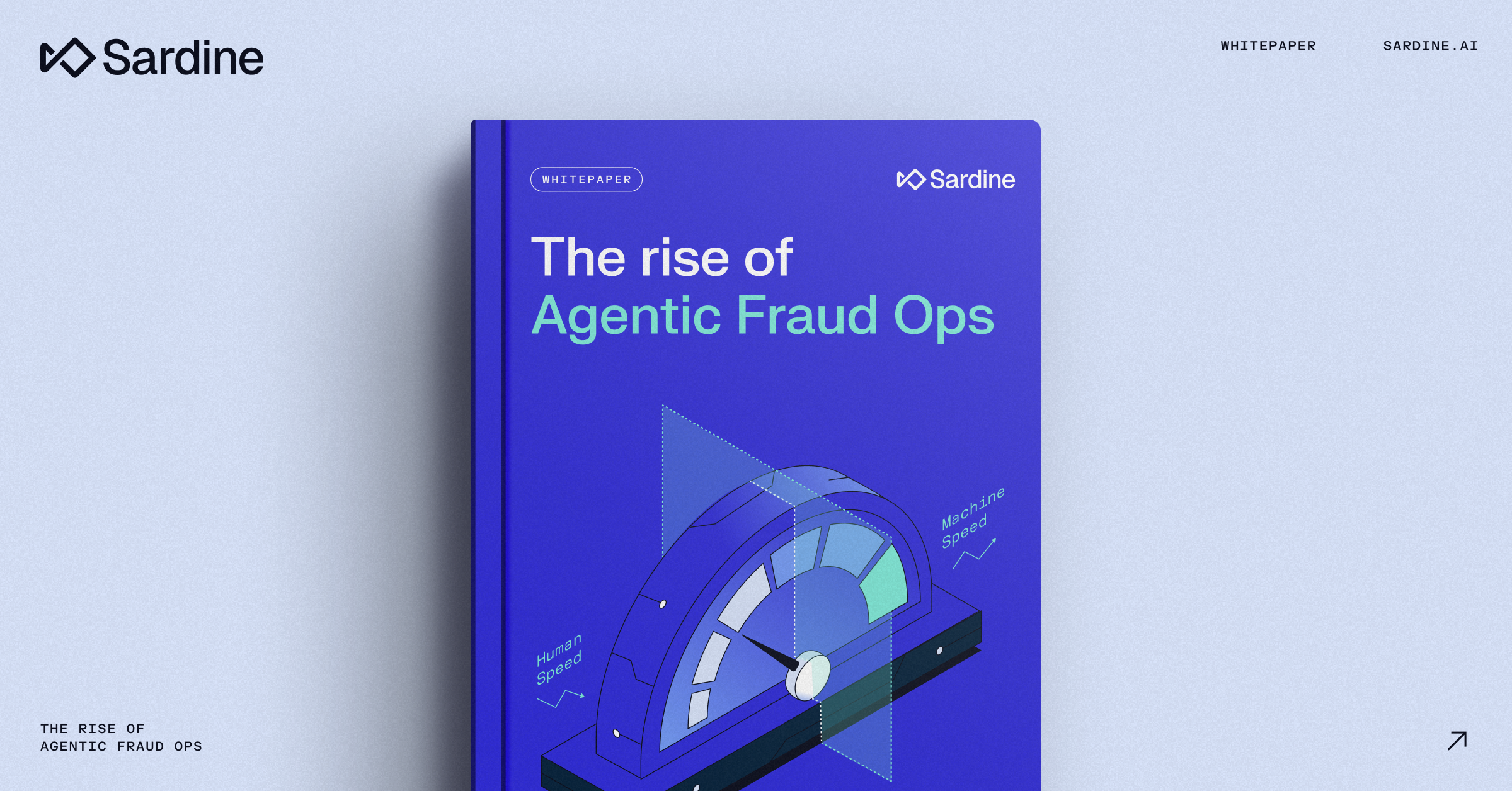 Sardine whitepaper titled "The rise of Agentic Fraud Ops" with a speed dial illustration.