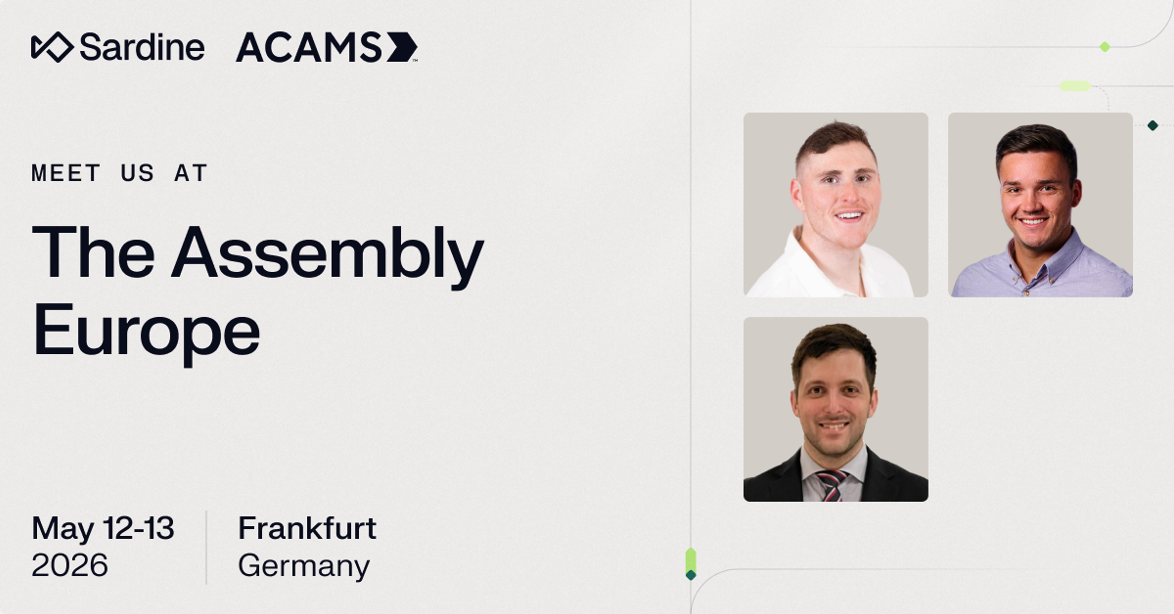 Sardine and ACAMS event announcement for The Assembly Europe, May 12-13, 2026, in Frankfurt, Germany, featuring three smiling men.