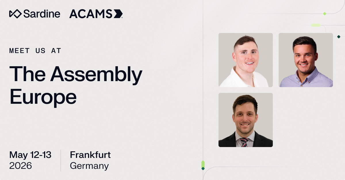 Sardine and ACAMS event announcement for The Assembly Europe, May 12-13, 2026, in Frankfurt, Germany, featuring three smiling men.