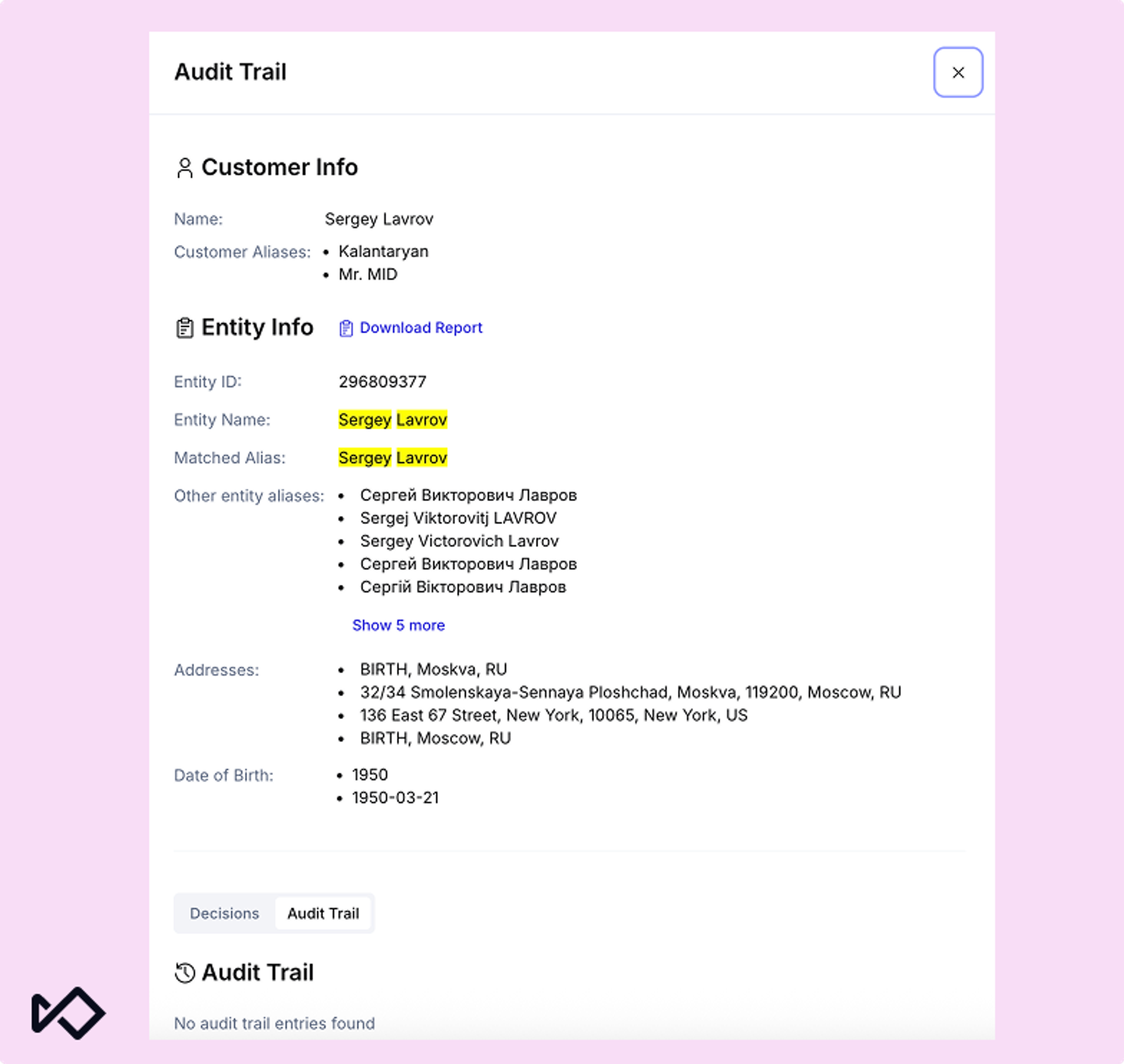 User interface displaying customer and entity information for Sergey Lavrov, including aliases, addresses, and birth date.