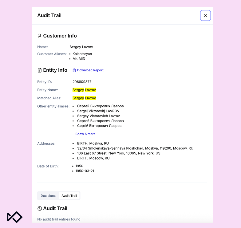 User interface displaying customer and entity information for Sergey Lavrov, including aliases, addresses, and birth date.
