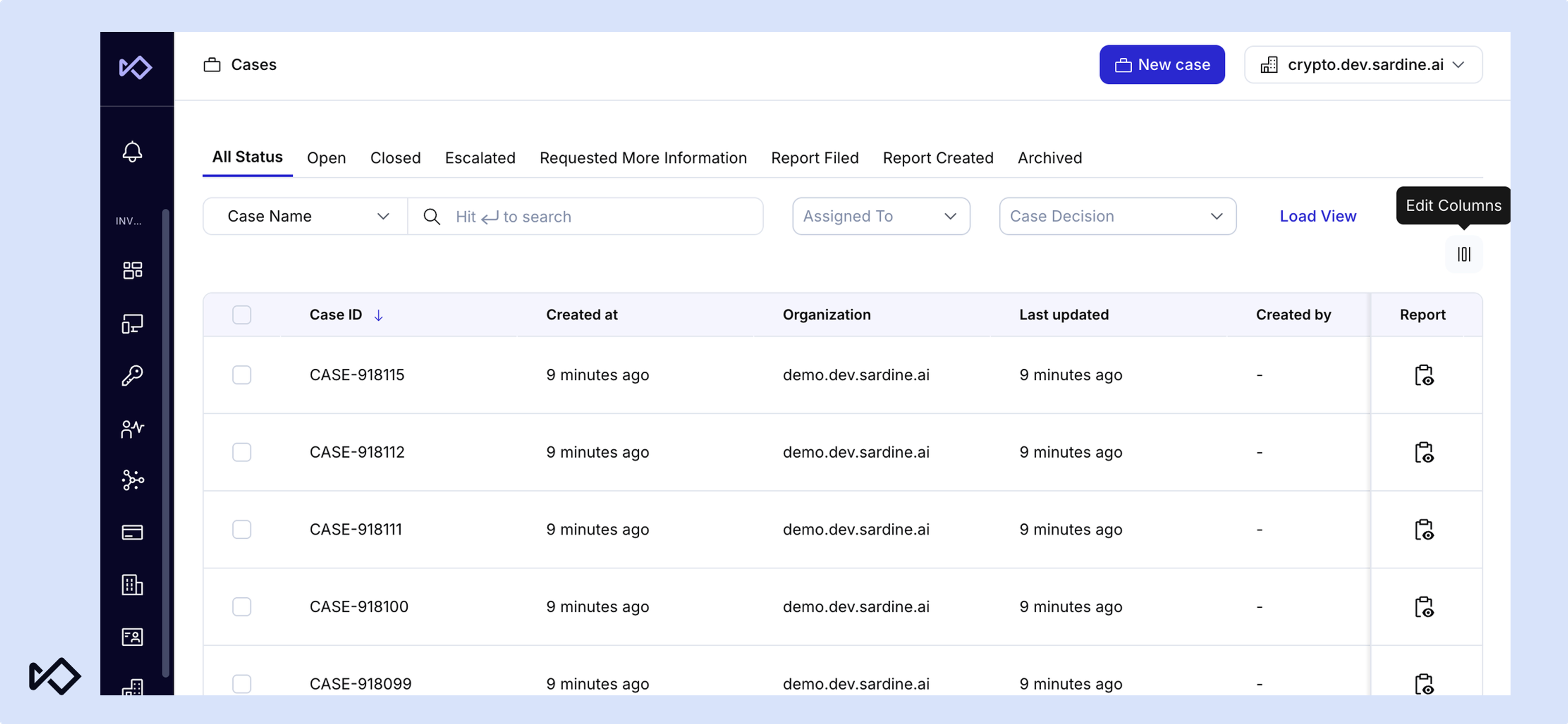Case management dashboard showing a table of cases with details, status filters, and navigation.