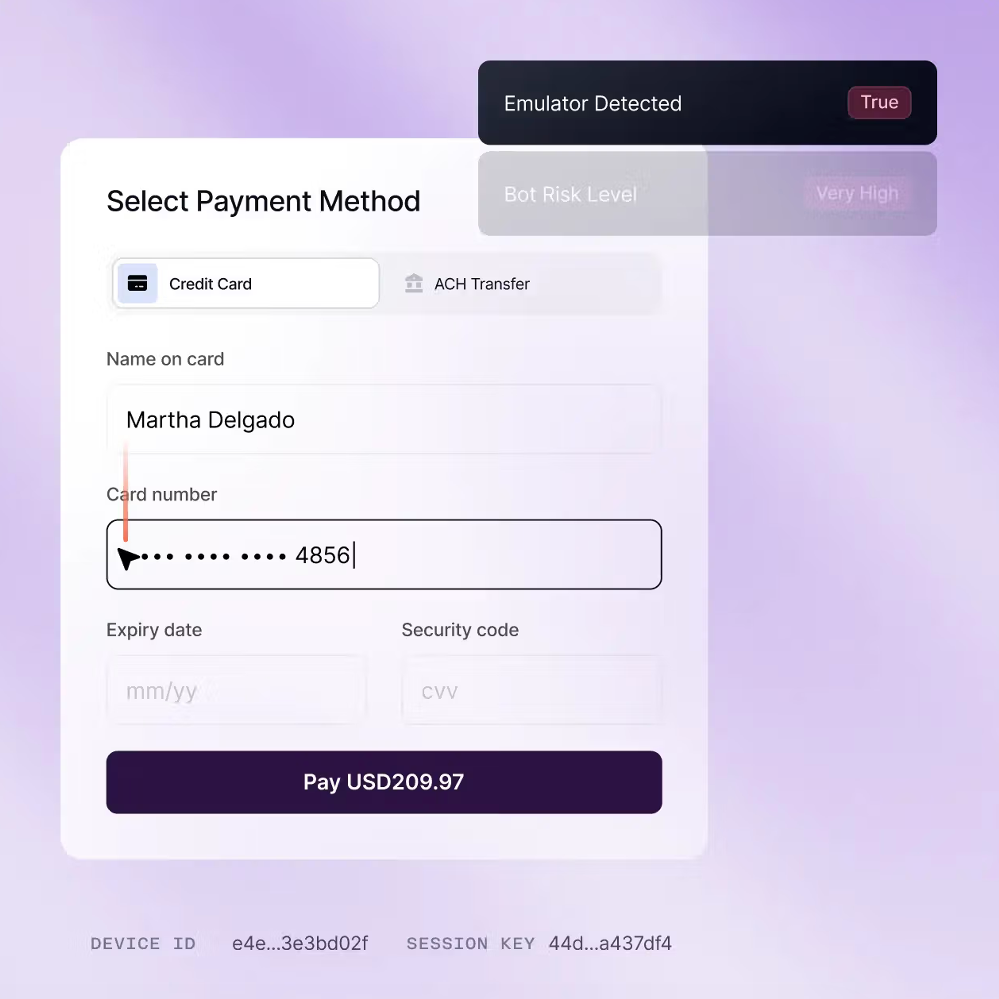 Um formulário de pagamento com cartão de crédito exibindo os alertas "Emulador detectado: verdadeiro" e "Nível de risco de bot: muito alto".