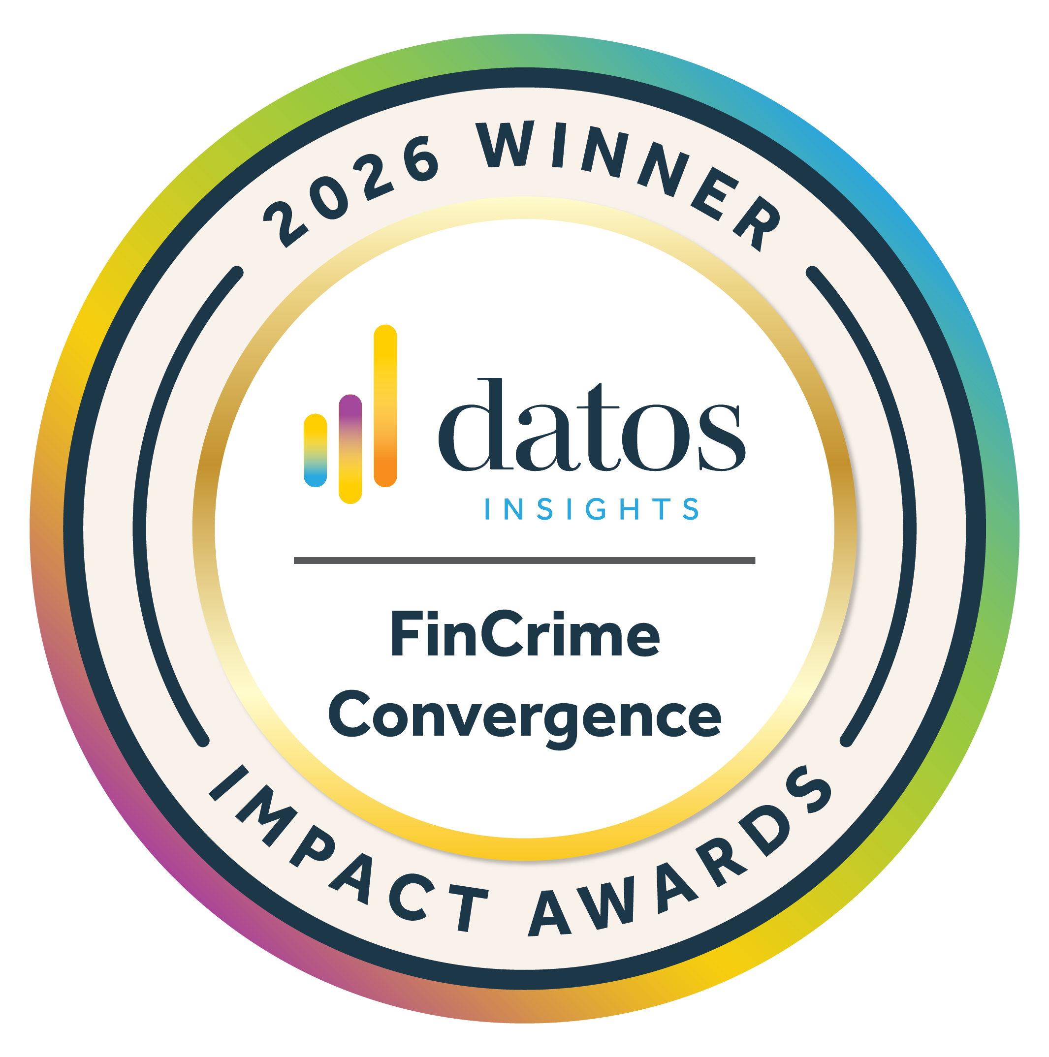 Award badge for 2026 Winner, datos insights FinCrime Convergence Impact Awards.